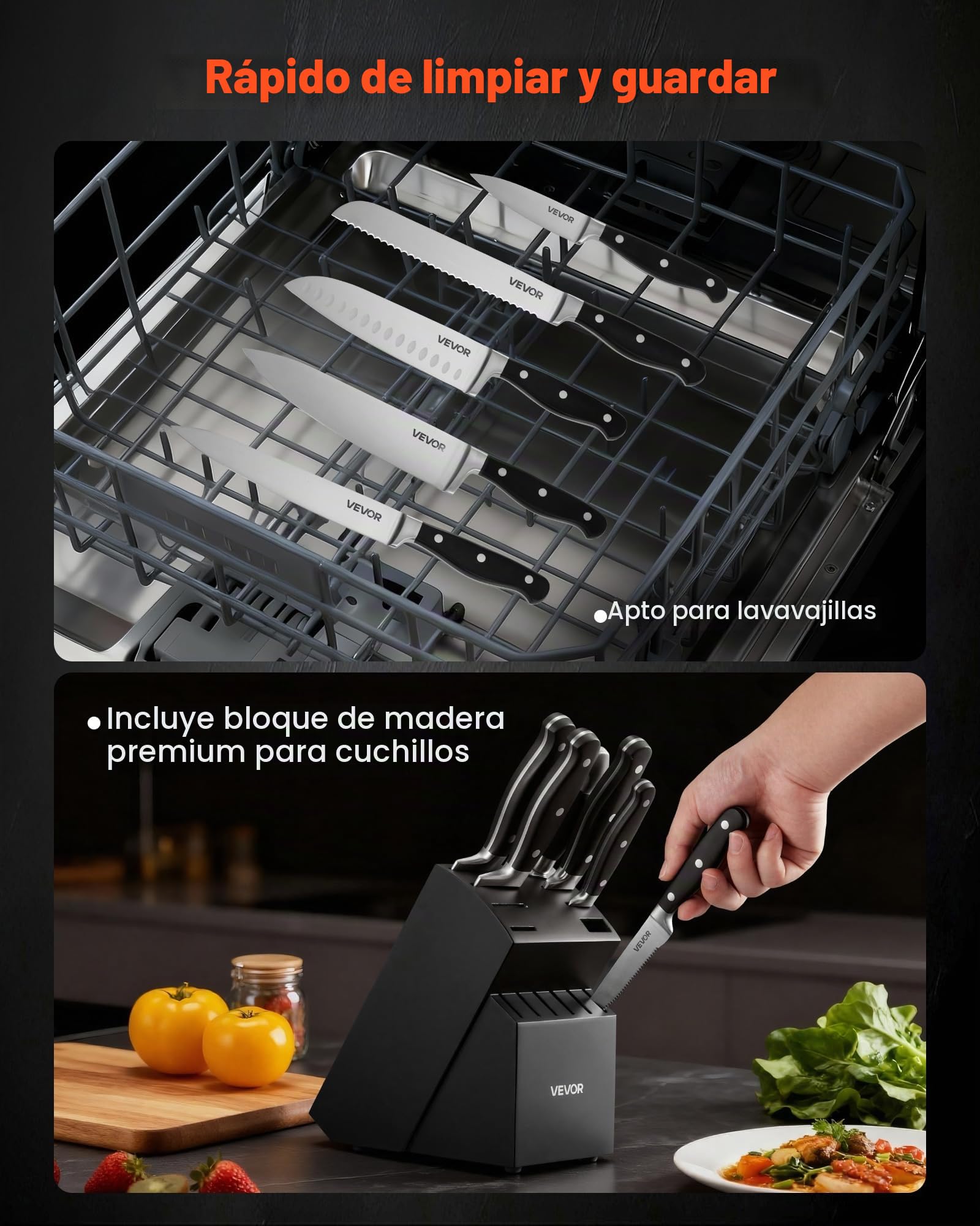 VEVOR Juego de Cuchillos de Cocina, con Bloque de Madera y Afilador, con Cuchillos Afilados de Acero Inoxidable de Alto Carbono, con Mango Resistente a Roturas, para Cocineros Aficionados, 15 uds