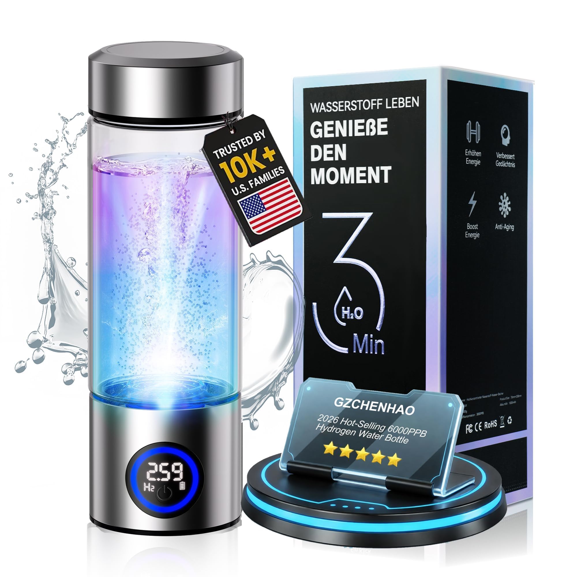 11.0 New Upgrade 6000PPB Hydrogen Water BottleγNO.1 Certified Hydrogen Techγγ24-Hour Hydrogen LockγHydro Water Bottle 100% Leak ProofPEM/SPE Technology Produces Hydrogen Water