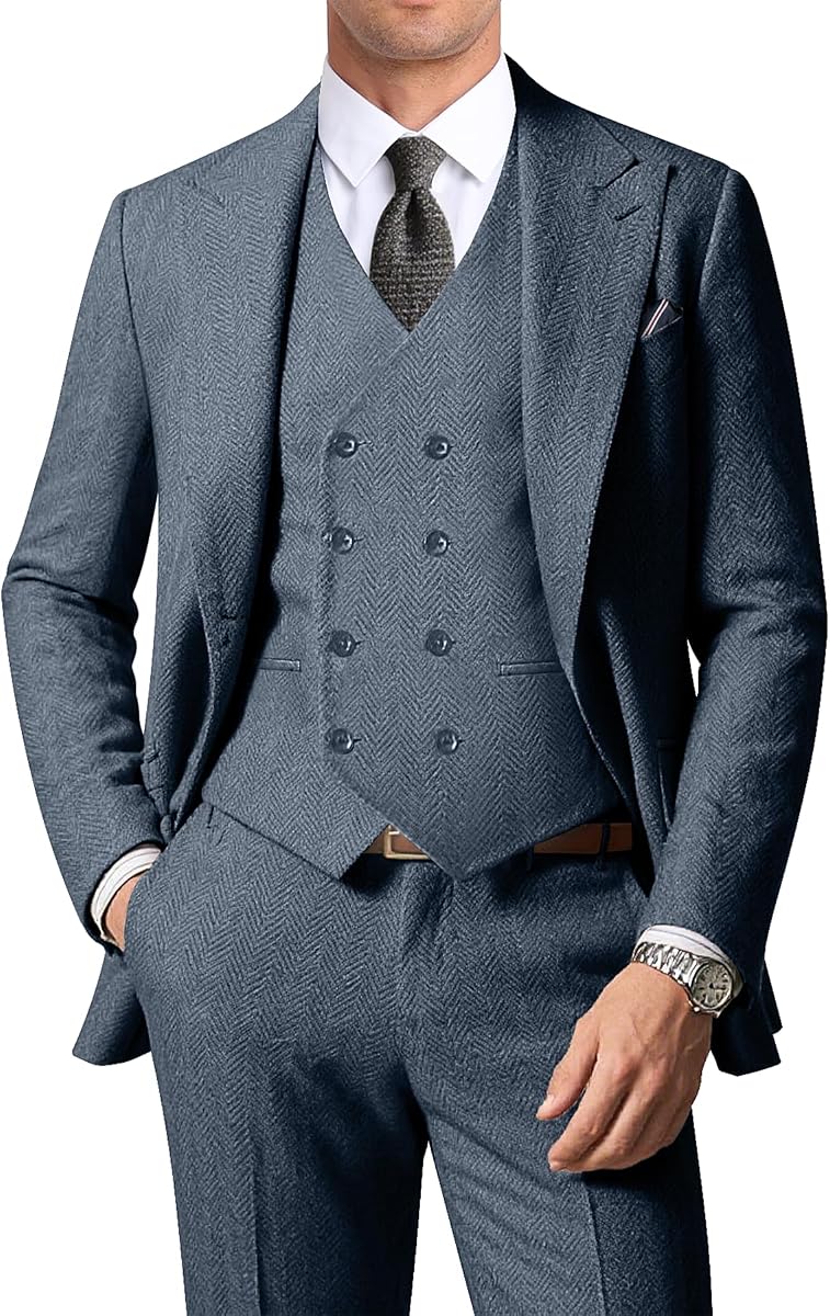 Trajes de hombre Chaqueta cruzada de tweed en espiga de 3 piezas Pantalones chaleco | Conjunto de traje de color sólido para hombres, trajes cálidos y ajustados para hombres para bodas, bailes, fiestas de negocios, padrinos de boda, regreso a casa, Navidad