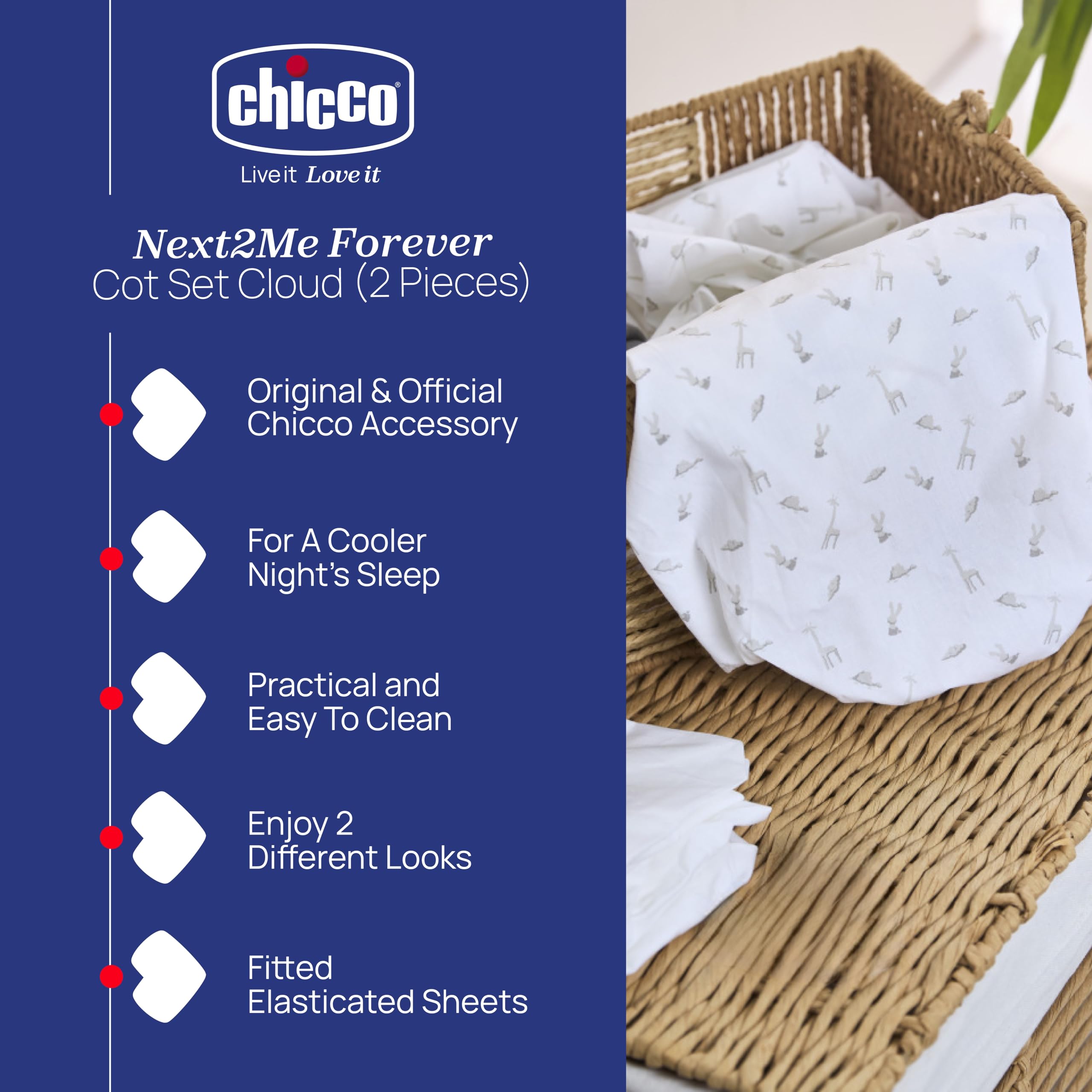 Chicco Next2Me - Lenzuola per culla (confezione da 2), 100% morbido cotone, accessorio originale e ufficiale per culla Next2Me, cotone e nuvola