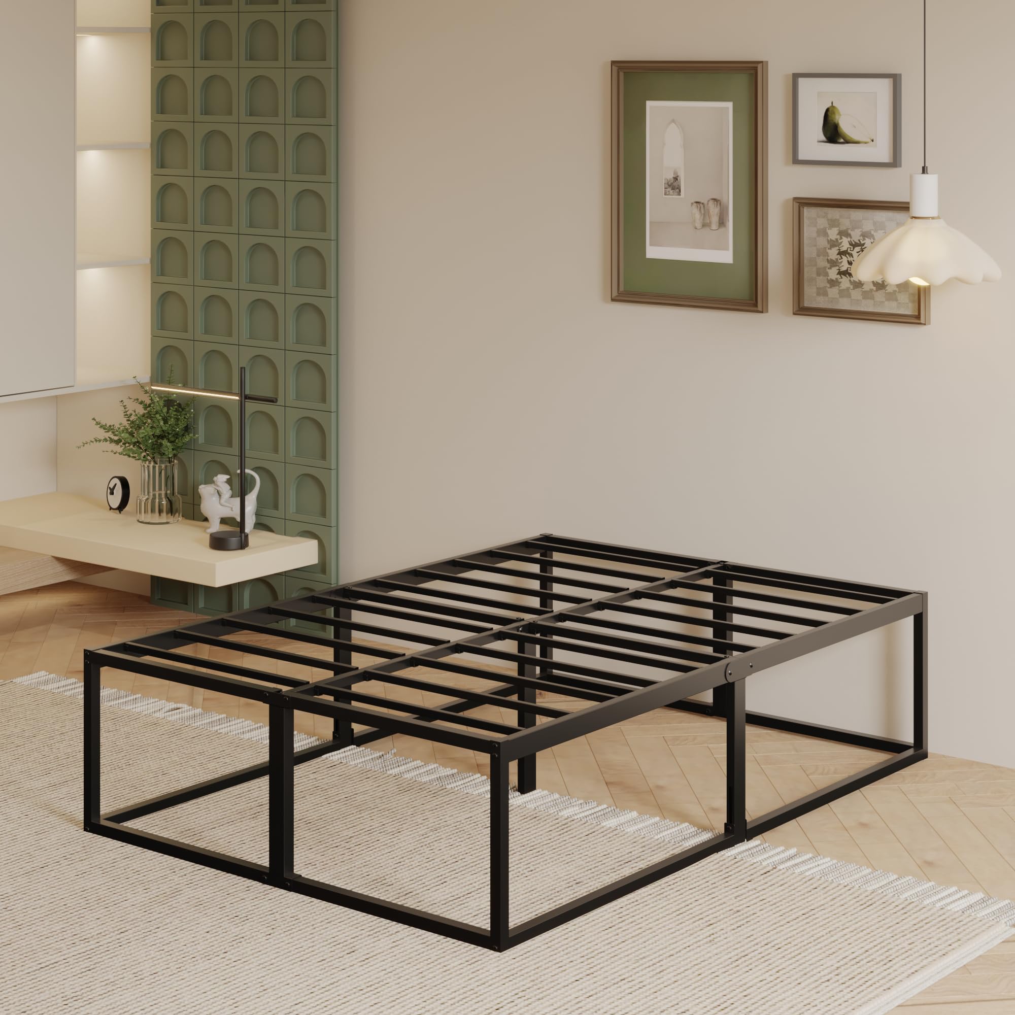 EMODA Struttura Letto Matrimoniale 140x200 cm, Letto a Piattaforma in Metallo 46 cm Alto e Resistente con Supporto Doghe in Acciaio, Ampio Spazio Sottolato, Silenzioso, Facile Montaggio, Nero