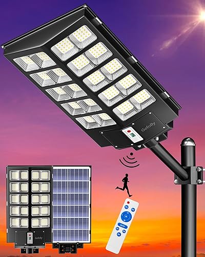 Gefolly SL-5200W Luces solares de calle al aire libre, 520000LM luz de estacionamiento comercial, 6500K anochecer a amanecer IP67 luces de