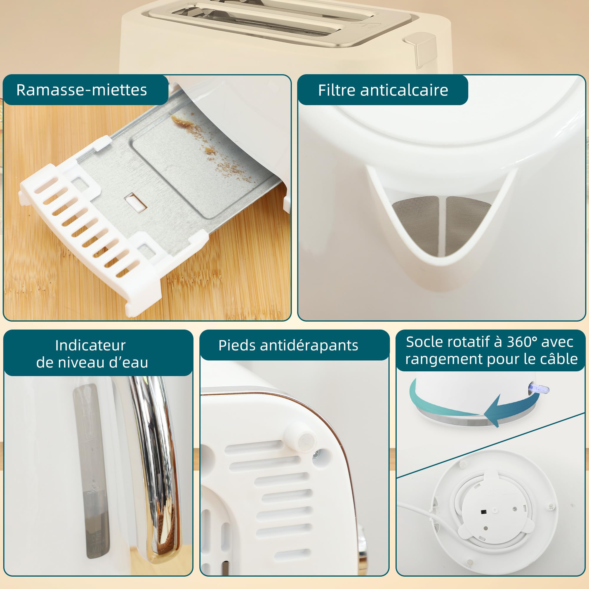 HOMCOM Bouilloire et Grille-Pain Acier 2200 W 1,7 L Thermostat Otter Filtre anticalcaire 2 tranches 7 Niveaux brunissage Blanc