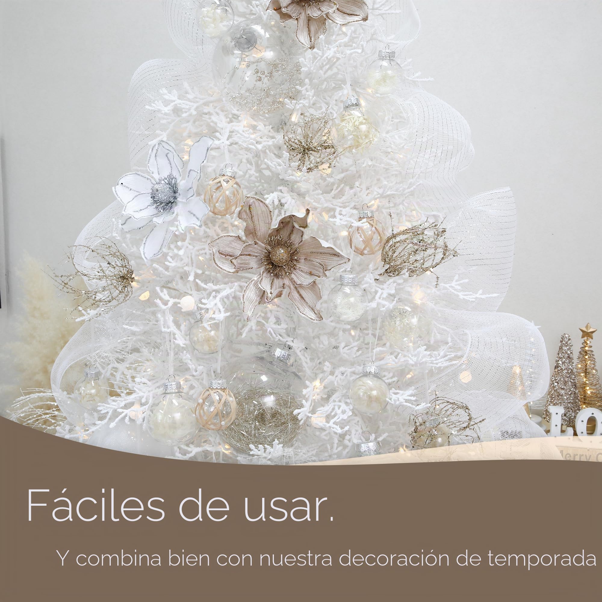Sea Team Paquete de 16 bolas de Navidad transparentes con plantas secas rellenas, decoraciones de plástico irrompibles para árbol de Navidad, guirnaldas, guirnaldas, 60 mm, beige y blanco