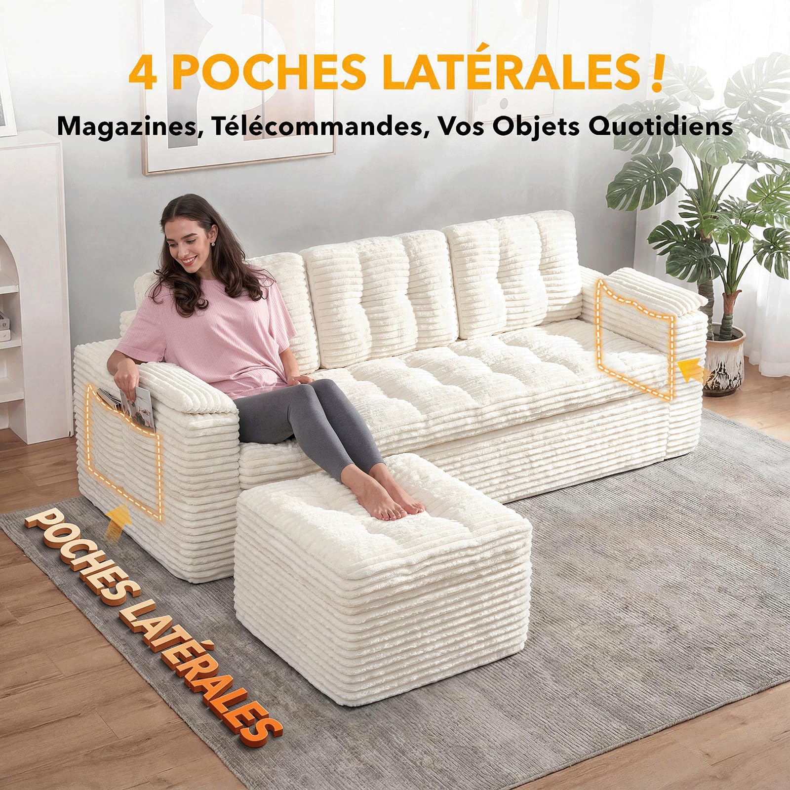 Fabulcozy,Canapé 3 Places 190 cm en Velours Côtelé avec Repose-Pieds, Poches de Rangement Latérales, Coussins d'Accoudoir et 3 Coussins Inclus, Assise Moelleuse, pour Salon, Appartement,Blanc