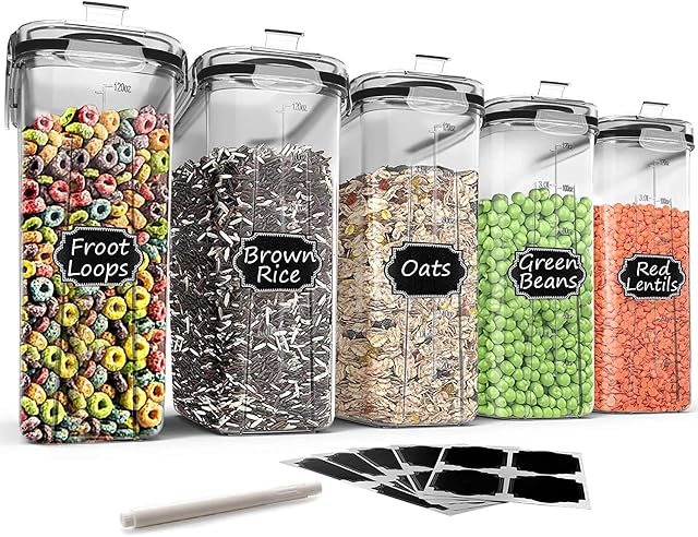 Large Cereal Storage Containers, Wildone BPA Free Airtight Cereal Containers Storage for Sugar, Flour, Snack, Baking Supplies, Dry Food Containers with Lids Black - 5PCS (4L /135.3oz)