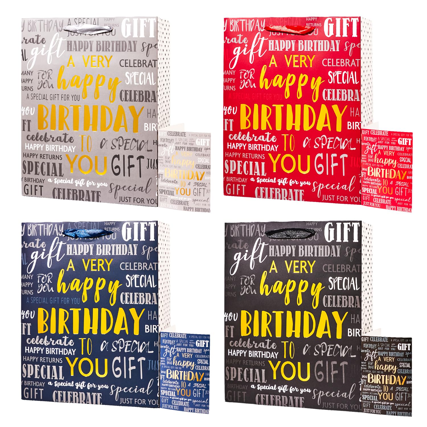 4Pack Birthday Gift Bags with Gift Cards,4 Color, 25x 32 x 11 CM