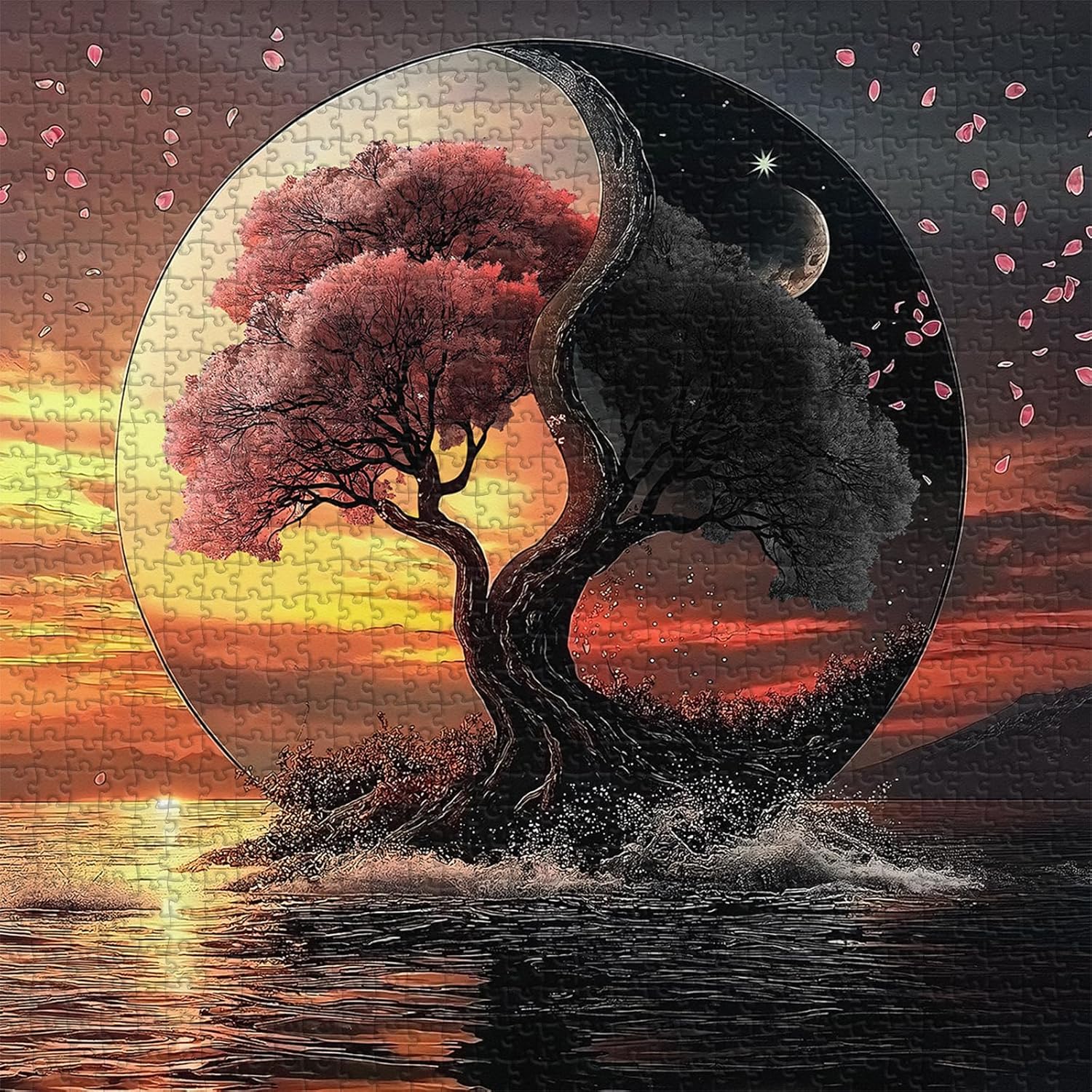 Fantasy Landscape Puzzle for Adults 1000 Pieces, Day and Night Tree Nature Jigsaw Puzzle Challenge, Yin Yang Scenery Puzzles