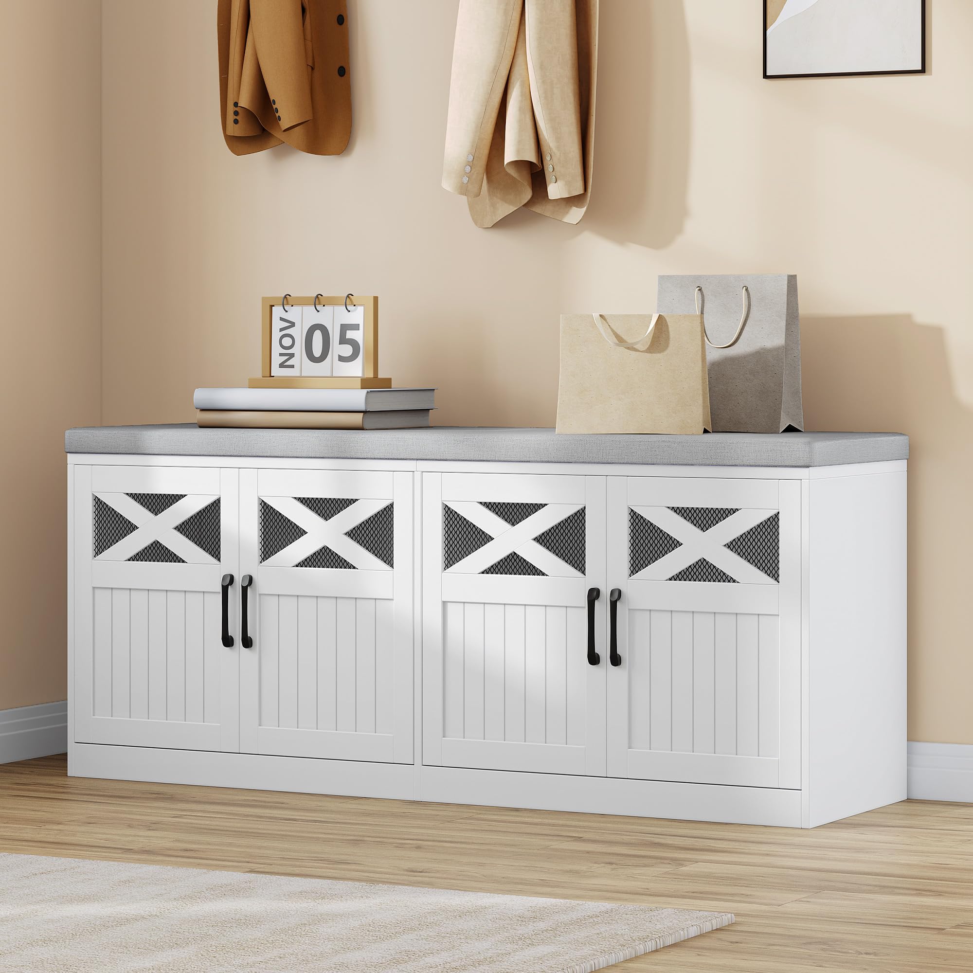 Hzuaneri 120cm Shoe Storage Bench with 4 Barn Doors & Padded Seat Cushion