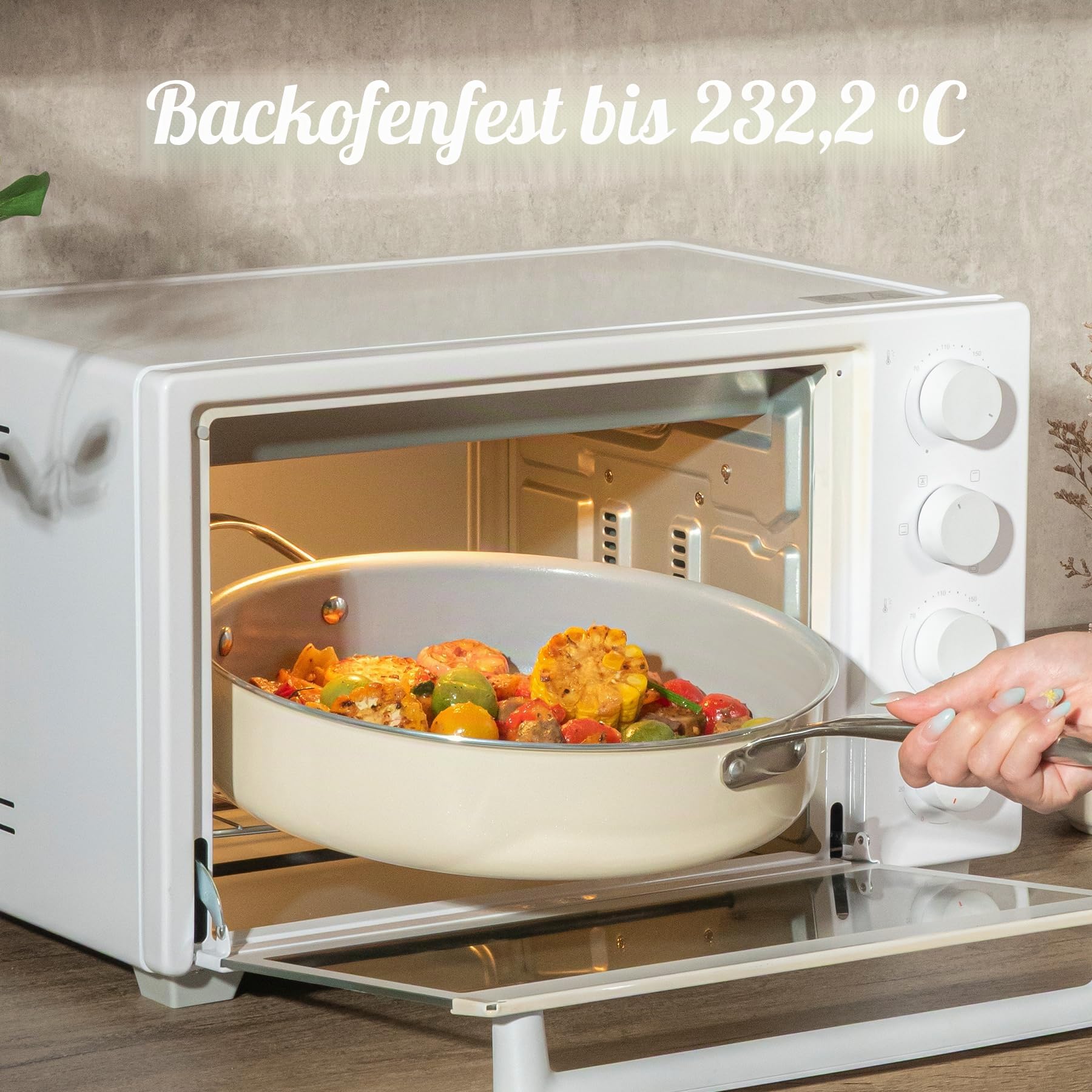 Bratpfanne 30cm，Pfanne mit Deckel Antihaft-Keramikpfanne, Induktion mit Edelstahlgriff und Deckel PTFE‑frei / PFOA‑frei / PFAS‑frei, Backofenfest, Spülmaschinenfest Cremeweiß