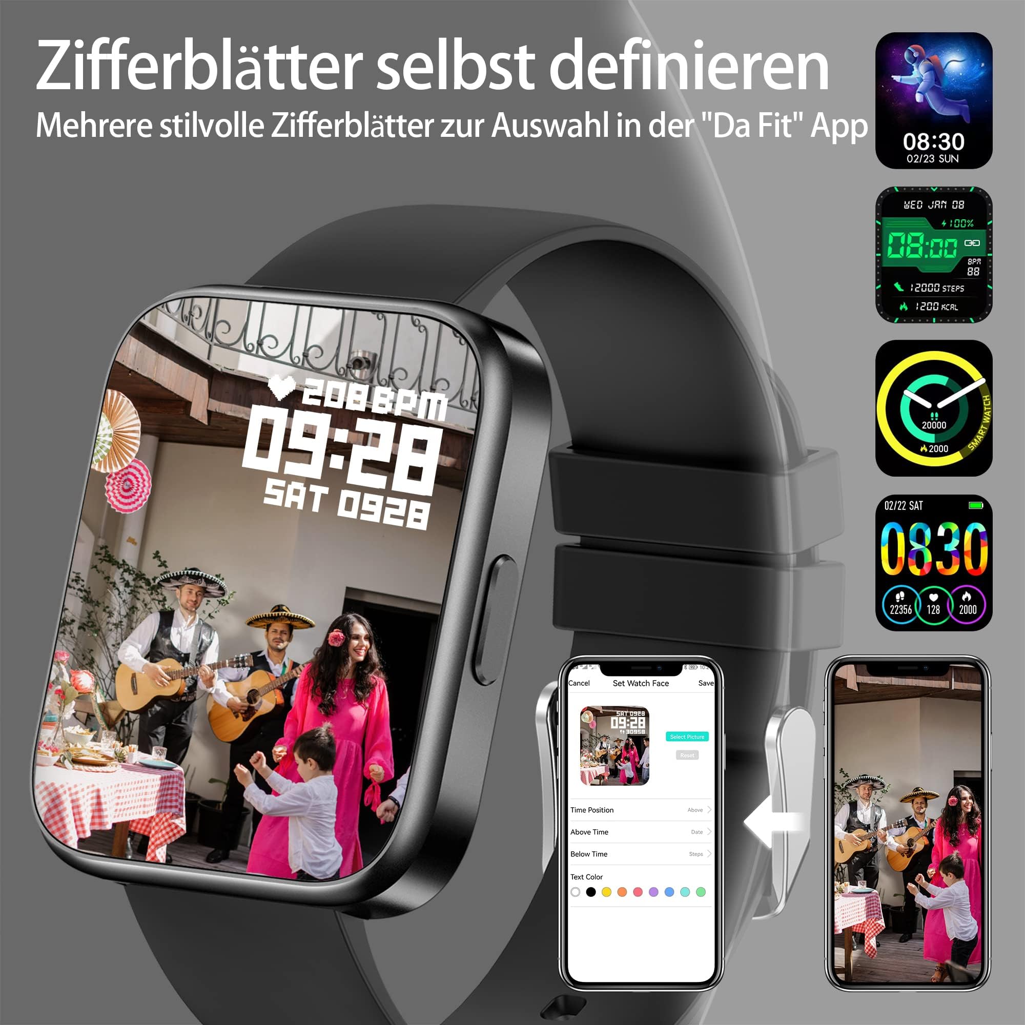 Smartwatch prowadzenie rozmów telefonicznych z głośnikiem, ekran dotykowy 1,7", bezpośrednie parowanie ze słuchawkami Bluetooth, bezprzewodowa, pamięć muzyczna, funkcja Whatsapp, ciśnienie krwi,