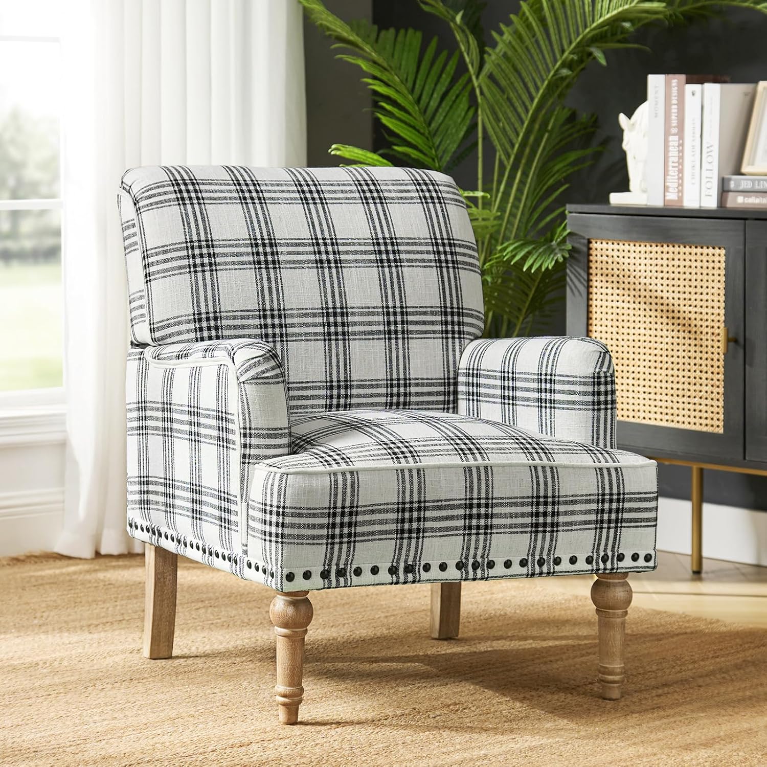 HULALA Home Modern Accent Chair with Retro Wooden Legs & Nailhead Trim, Comfy Upholstered Armchair Single Sofa for Living Room Bedroom (Plaid, Black)