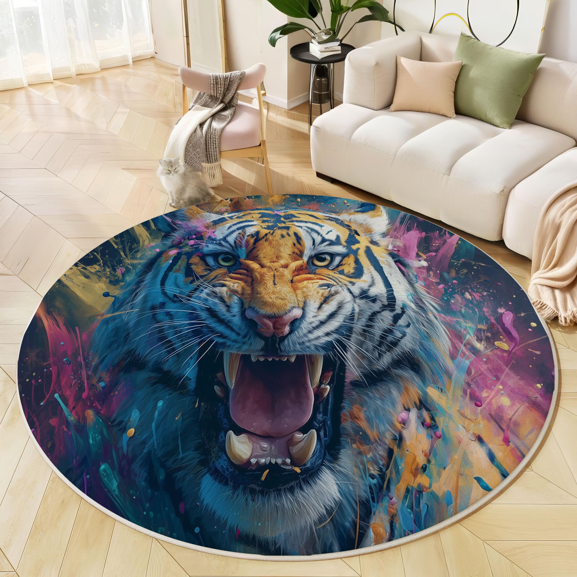 Tapis rond motif tigre féroce pour décoration de chambre