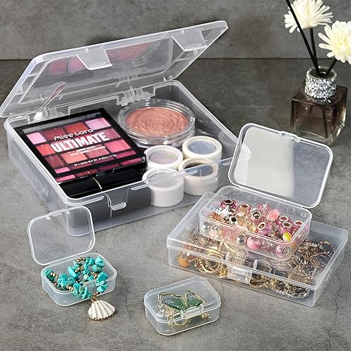 Miniatura 4 de Paquete de 7 mini recipientes de plástico rectangulares de varios tamaños, cajas de almacenamiento de plástico transparente con tapas con bisagras,