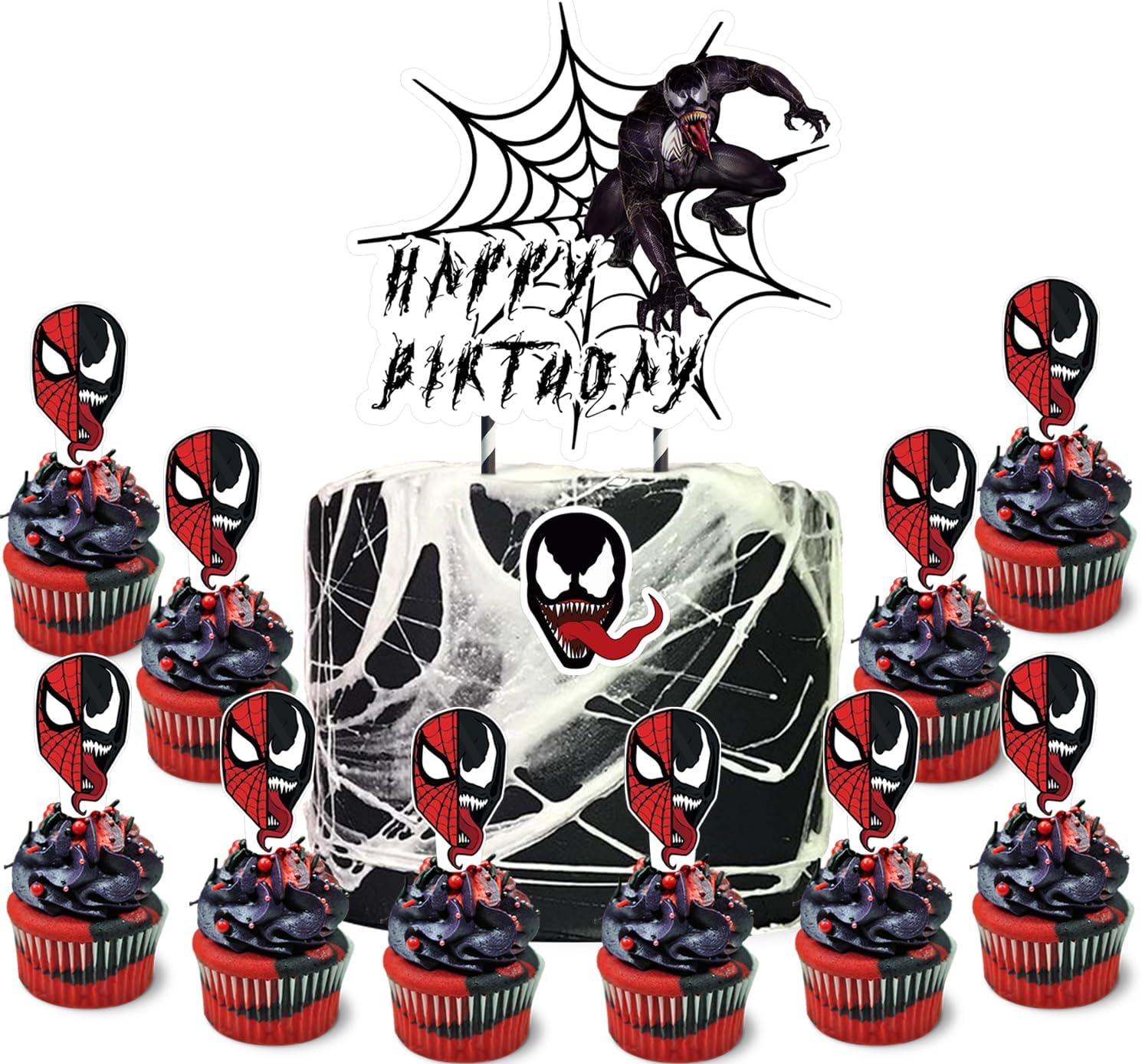 Party Decor for Venom Cake Cupcake Toppers Set, Spider Theme Birthday