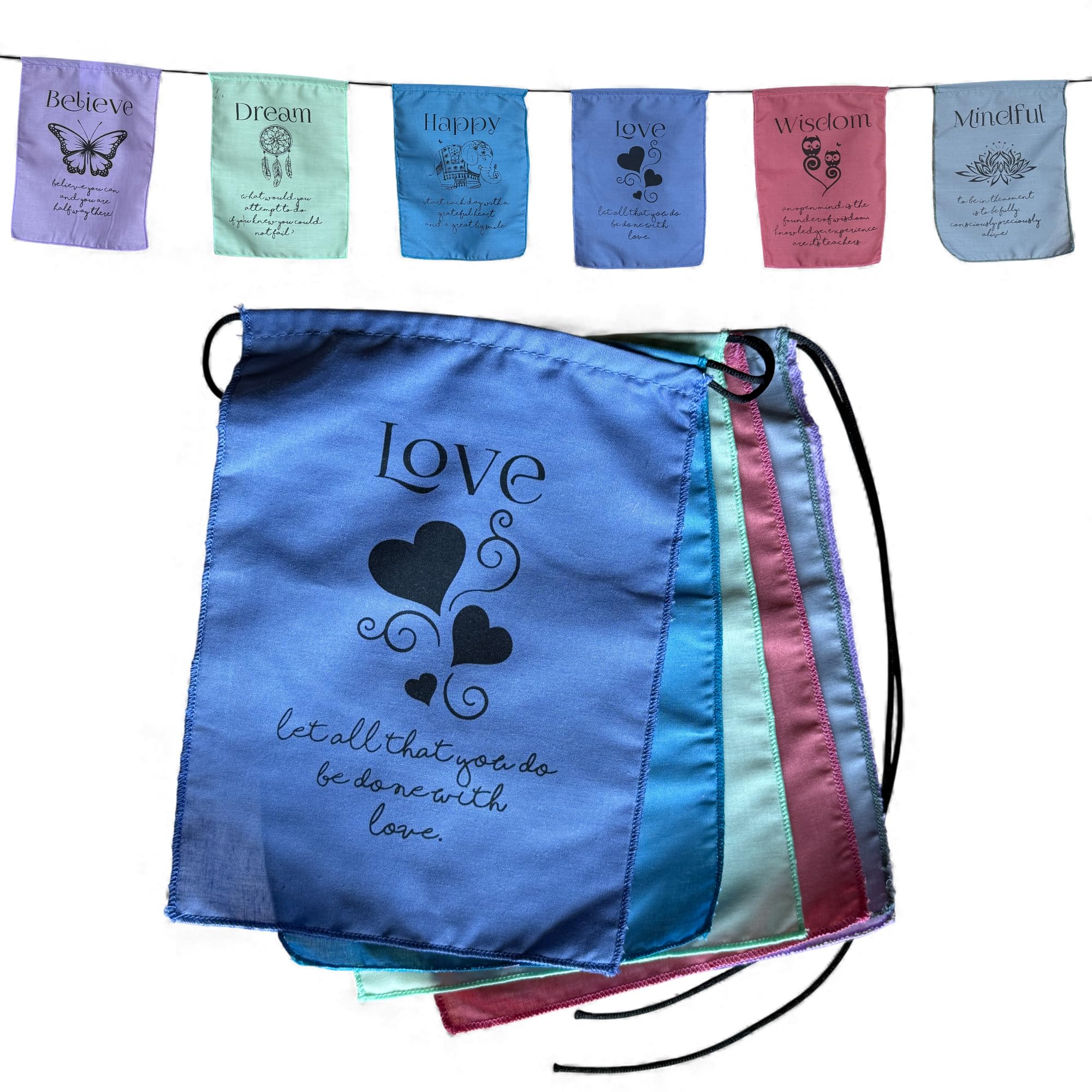 Affirmation Prayer Flags – Set of 6 (9 × 12 Inch) Handmade in Bali on Cotton Mix Fabric | Words of Believe Dream Happy Love and Wisdom for Mindful Decor