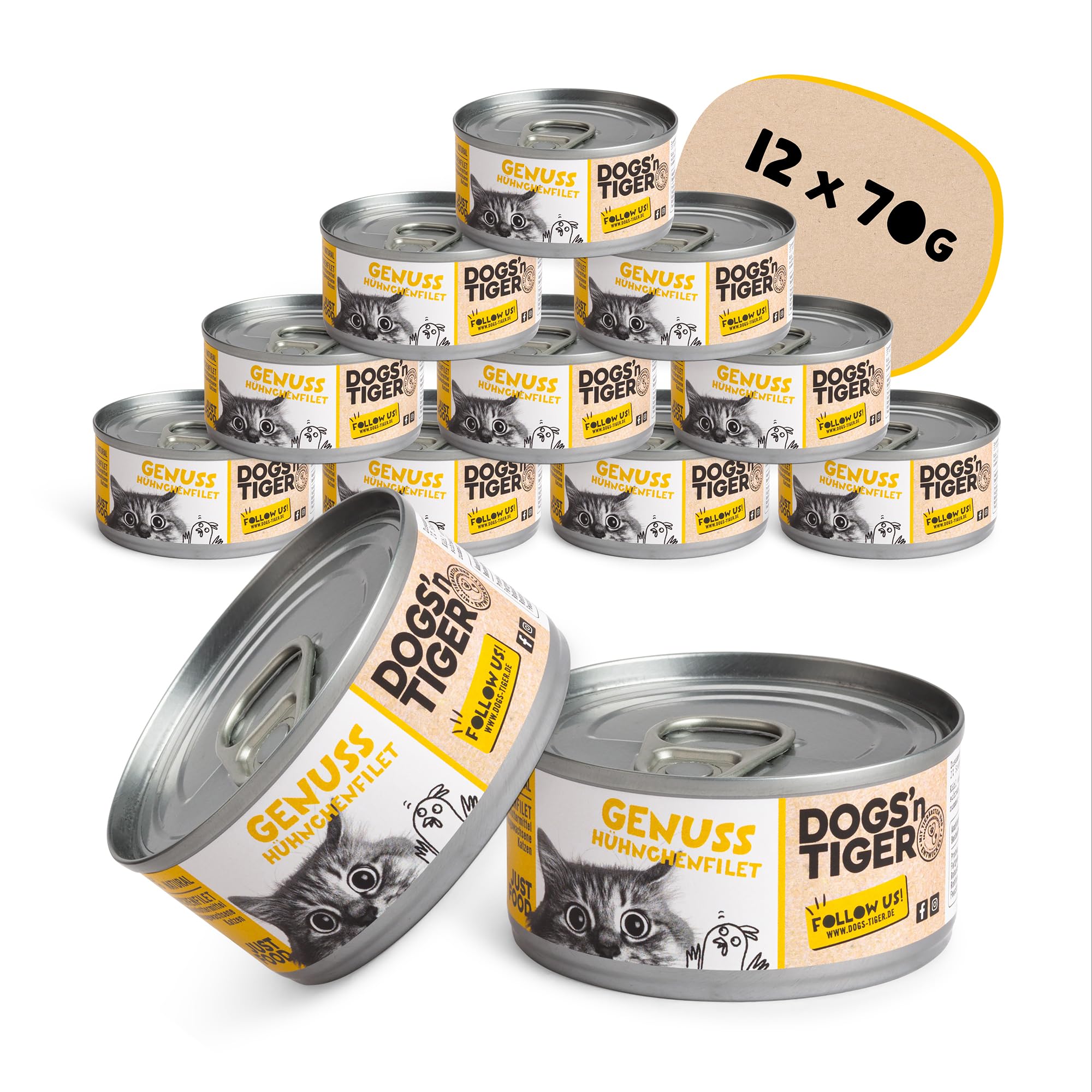 Dogs’n Tiger Adult Premium Nassfutter für Katzen, Genuss, Katzenfutter, – tiergerechte Rezeptur mit 60% Fleischanteil – ohne Zucker, Getreide & künstliche Aromen, Hühnchen, 12x 70g