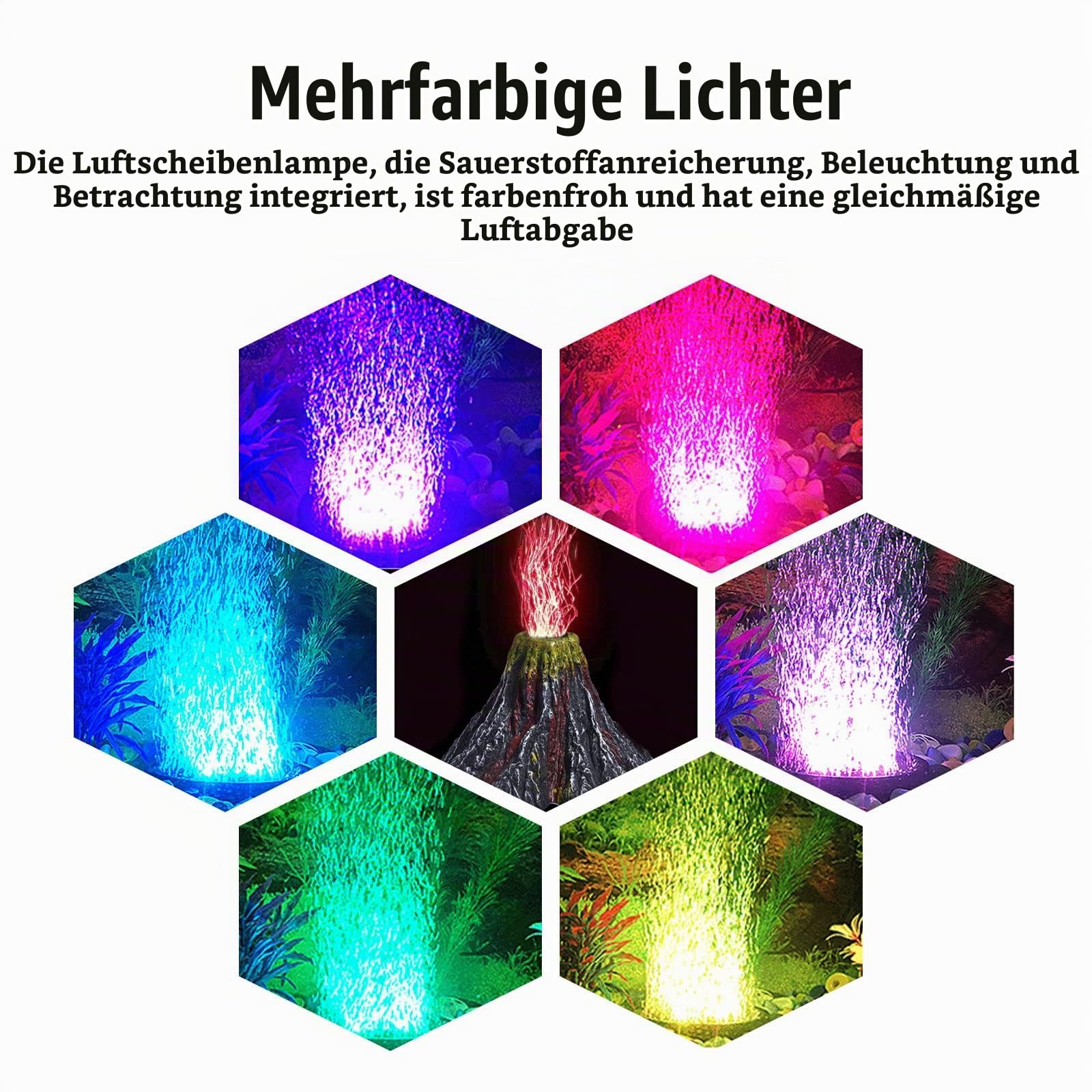 Aquarium Volcano Ornament Kit, Multi Colour LED Light Air Stone for Aquariums Air Pump Accessories, Aquarium Bubbler for Aquarium Fish Tank Decoration