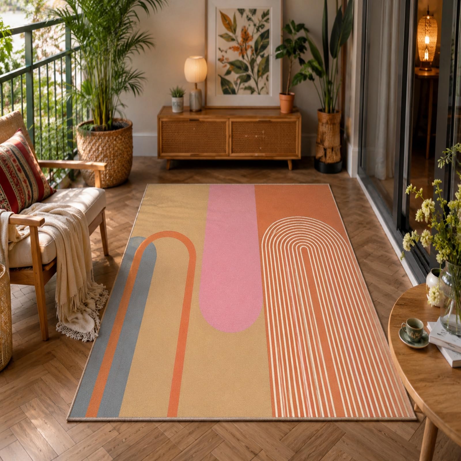Tapis de salon beige rose orange gris et blanc déco moderne