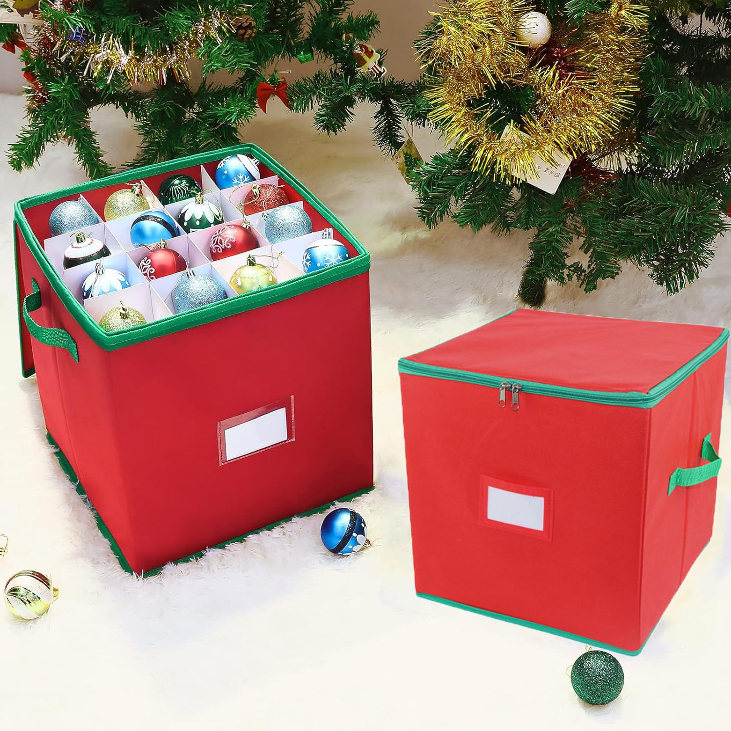 Aufbewahrungsbox für Weihnachtsdeko, Vliesstoff Weihnachtskugeln Aufbewahrung 64 Verstellbaren Trennwänden Aufbewahrungsbehälter mit Reißverschluss Deckel für Holiday Dekorationen Zubehör