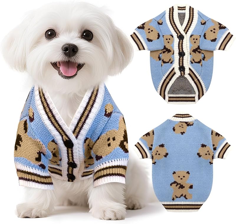 Suéter de Tricô para Cães Pequenos XGDMEIL com Estampa de Urso e Botões Azul Tamanho Small