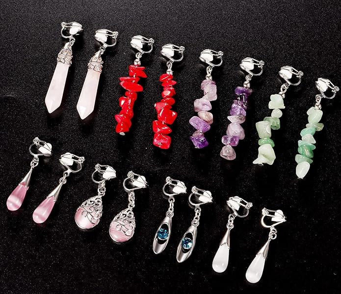 15 Pares de Aretes Clip para Mujer, Ligeros, Multicolor, Plateado miniatura 5