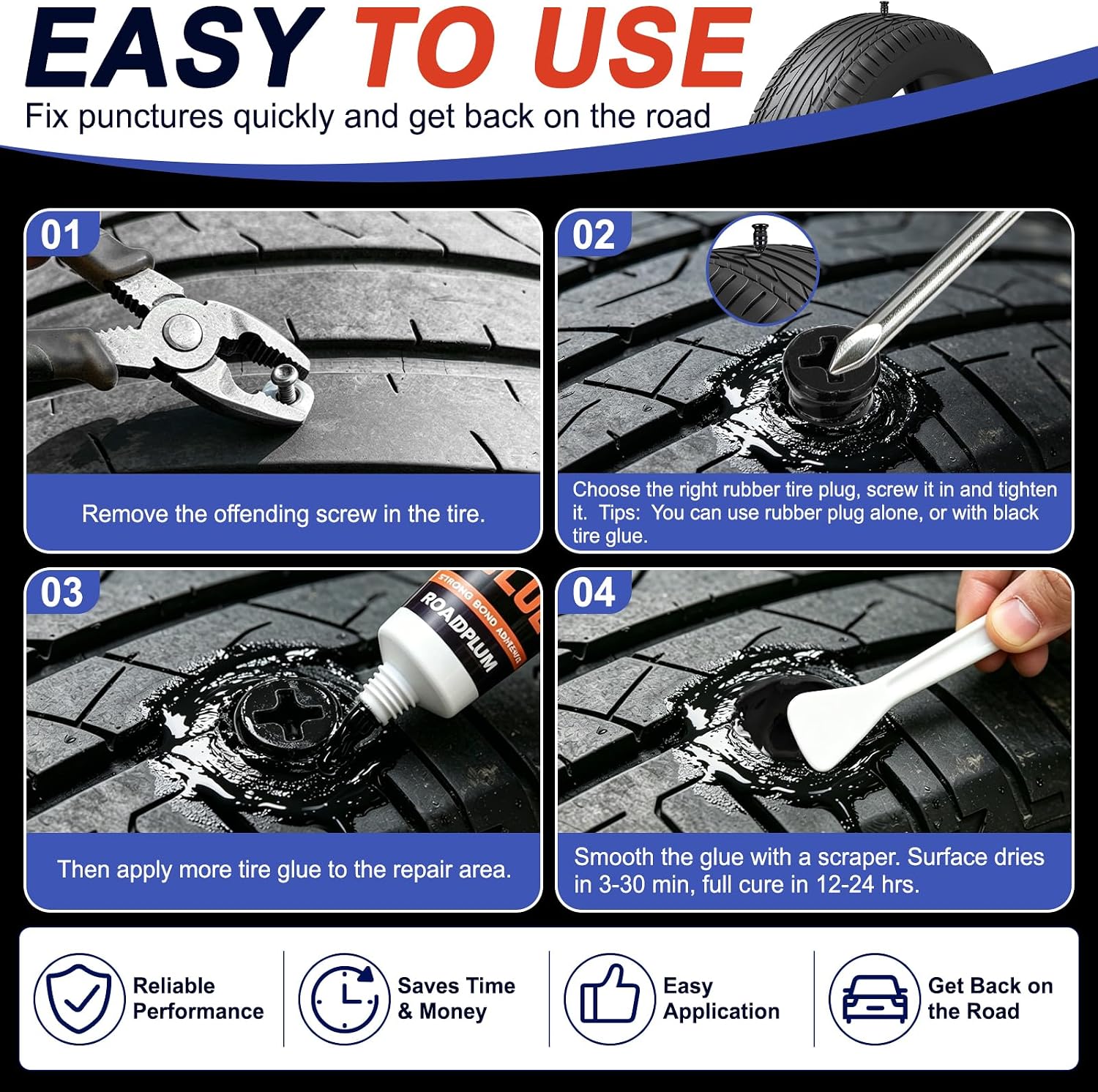 Tire Plugs Rubber Nails 3 Sizes & Repair Glue 100ML for Flat Tire Repair | Emergency Tire Repair Kit for Cars, Motorcycles, Trucks, Tractors & Bicycles, Puncture Fast Repair, No Tire Removal Required