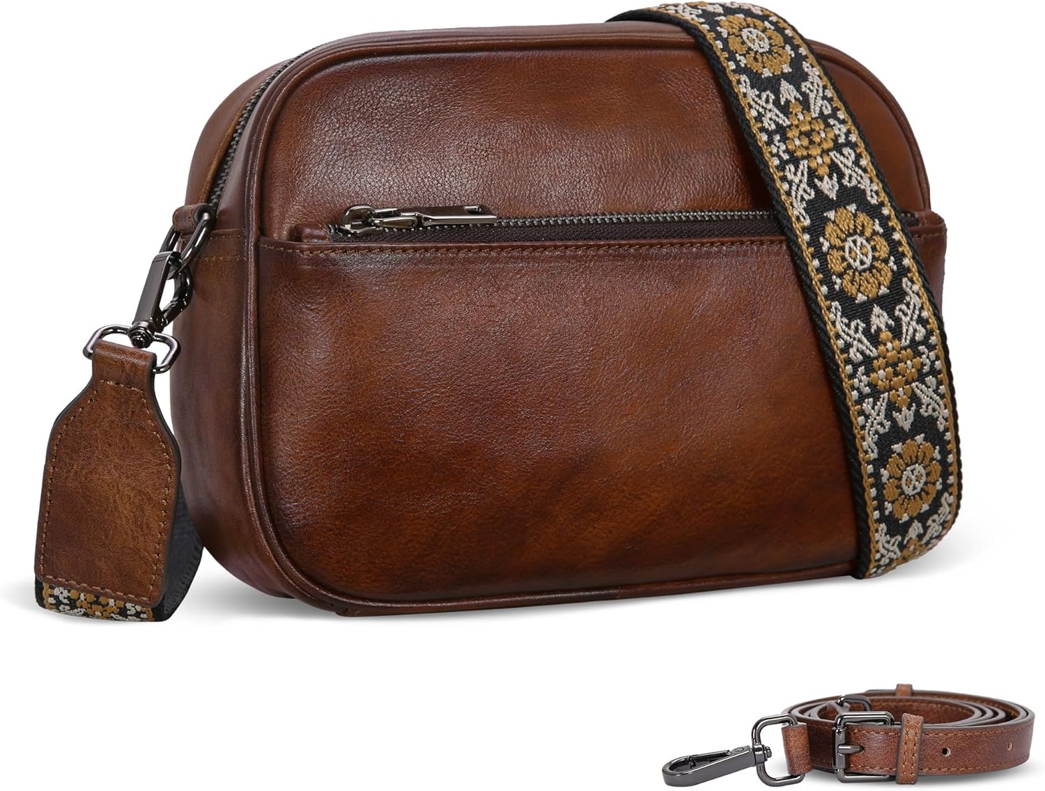 Iswee Leather Crossbody Bags for Women Vintage Shoulder Bag Small Satchel Purse Zippered Purse with Adjustable Strap