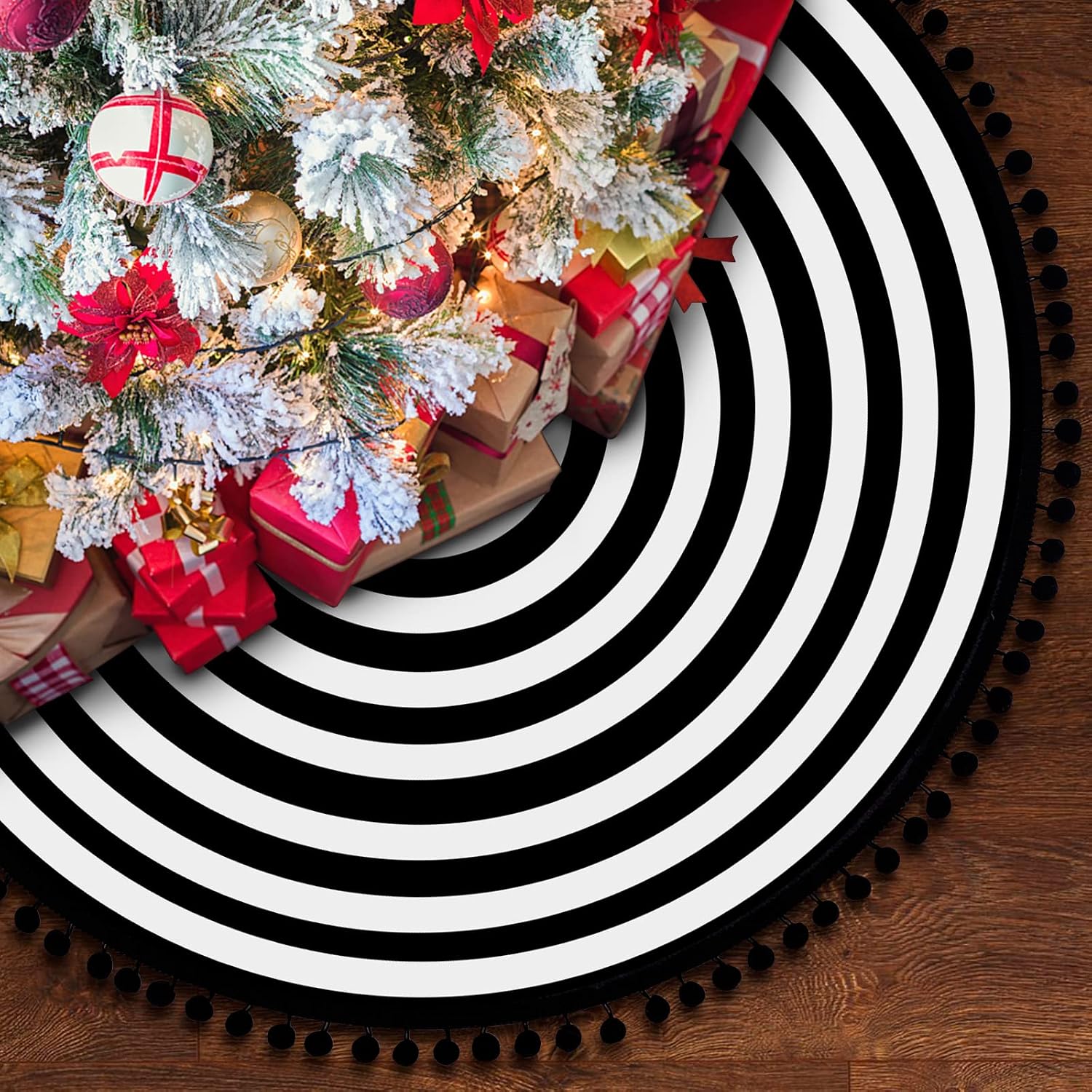 HOHOTIME Christmas Tree Skirt, Black White Annual Rings 48 Inch Tree Skirt Mat with Pom Pom Trim for Holiday Party Xmas Tree Decoration