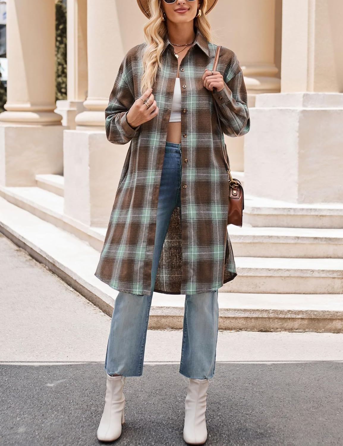 Zontroldy Women's Mid Long Casual Button Down Long Flannel Shirts Plaid Shacket Jacket with Pockets - Image 3