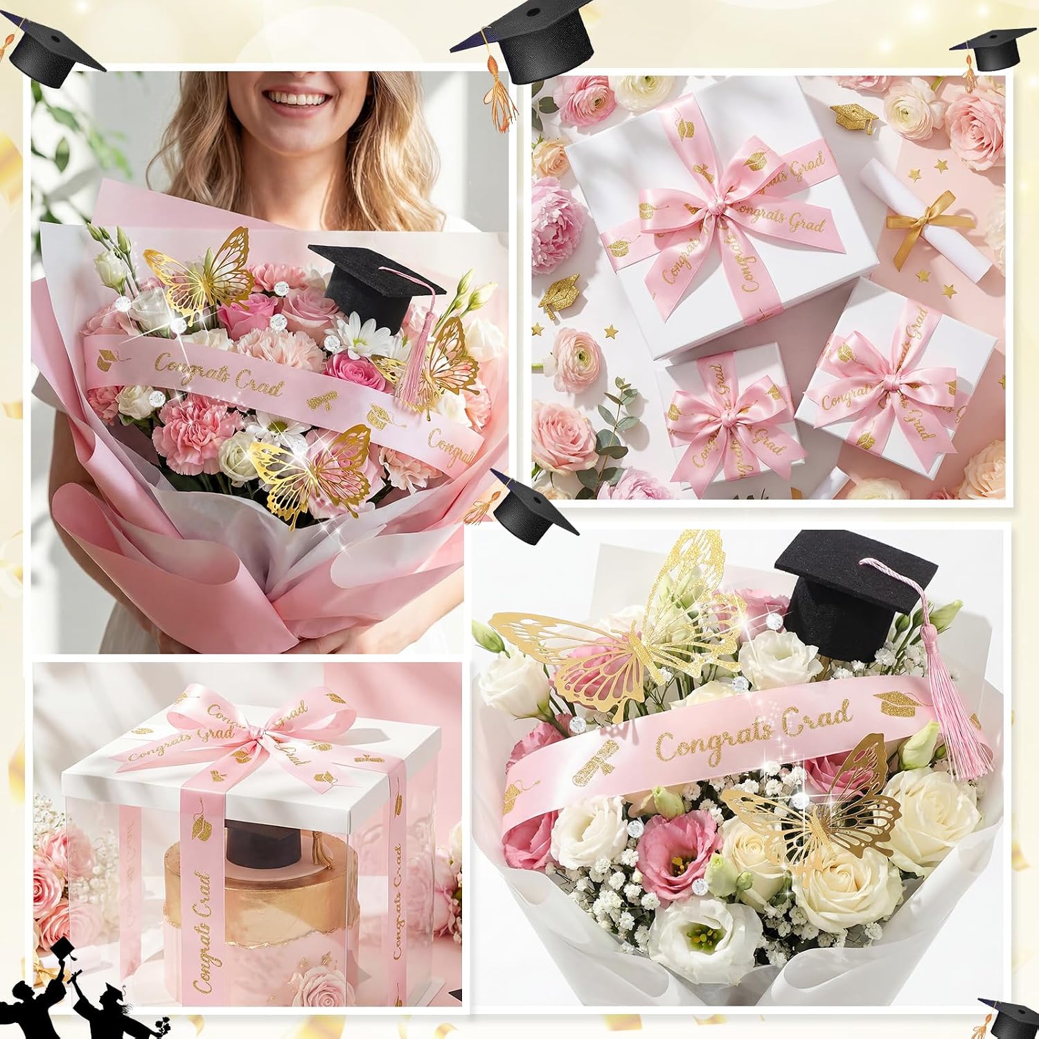Zeyune 114 Pcs 2026 DIY Graduation Bouquet Set Pink Ribbon with Glitter Gold Congrats Grad Mini Graduation Caps with Tassel Gold Butterfly Decor Diamond Pins for Graduate DIY Flower Gift