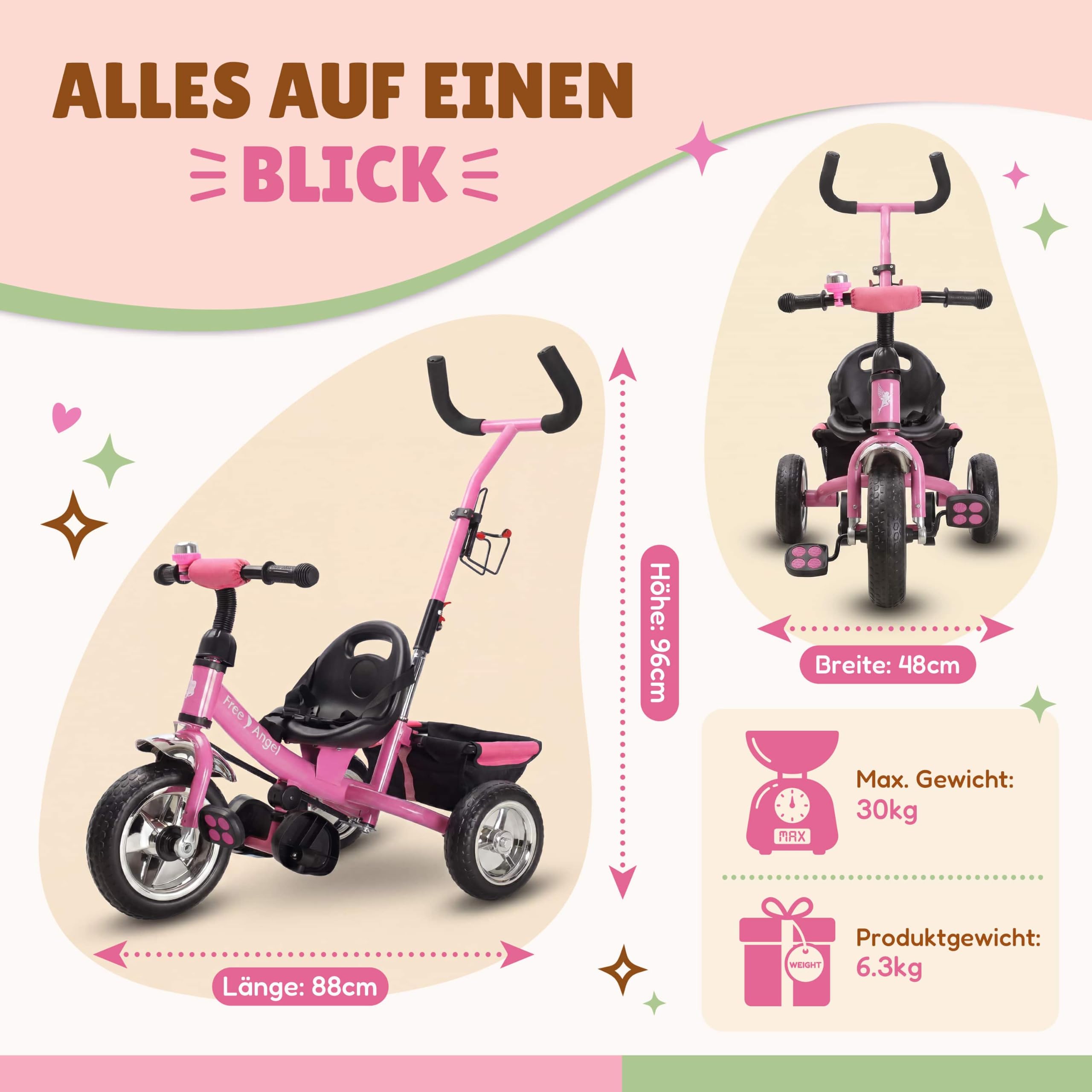 Spielwerk® Dreirad 2in1 mit Schubstange ab 1 Jahr Getränkehalter Kinderdreirad Klappbare Fußablage Baby Buggy Laufrad Kinderwagen Kleinkind Rosa
