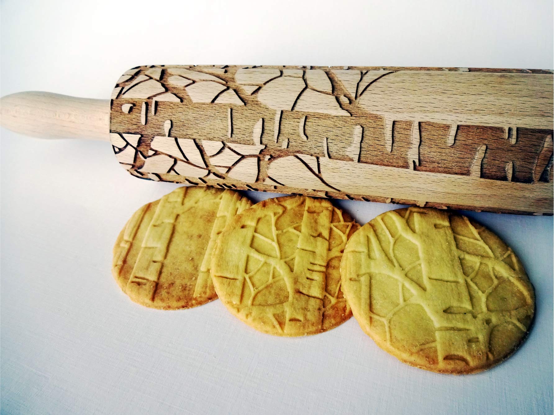 Embossing Rolling Pin BIRCH. Laser engraved dough roller for embossed cookies or pottery by Algis Crafts