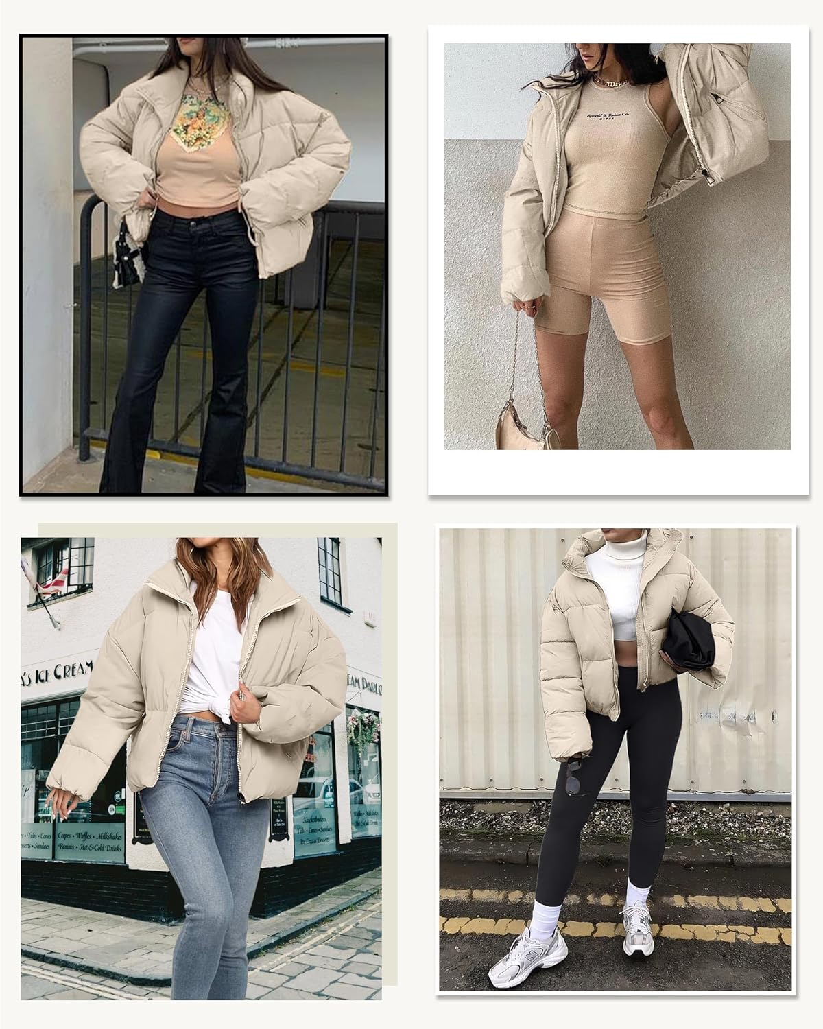 Women’s Cropped Puffer Jacket Long Sleeve Winter Puffy Coat Short Warm Casual Quilted Jackets Beige XS - Image 2