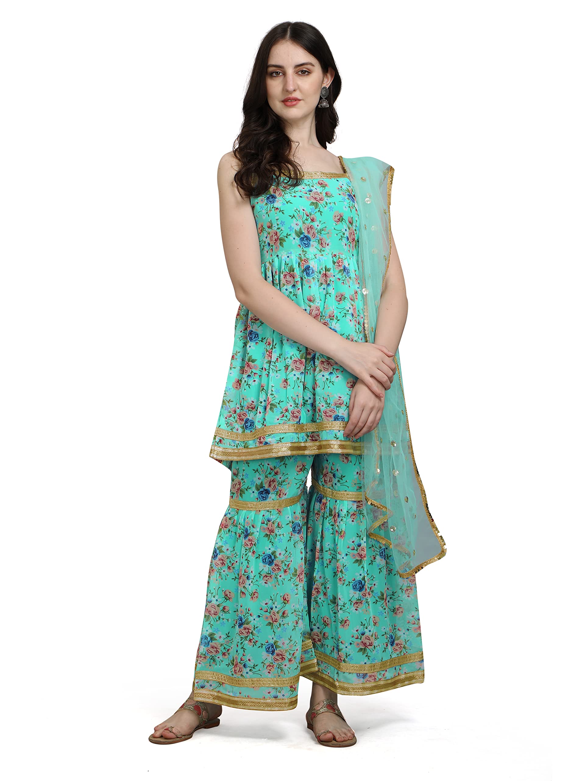 VredeVogel Women's Fox Georgette Printed Sharara Set with Embroidery Net Based Dupatta