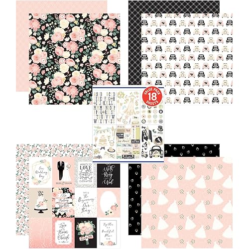 Wedding Scrapbook Supplies - Wedding Scrapbook Paper 12x12 Patterned Cardstock, Wedding Stickers For Scrapbooking, Wedding Album, Planner, DIY Crafts - Romantic Wedding Scrapbook Kit - 5 Items Set
