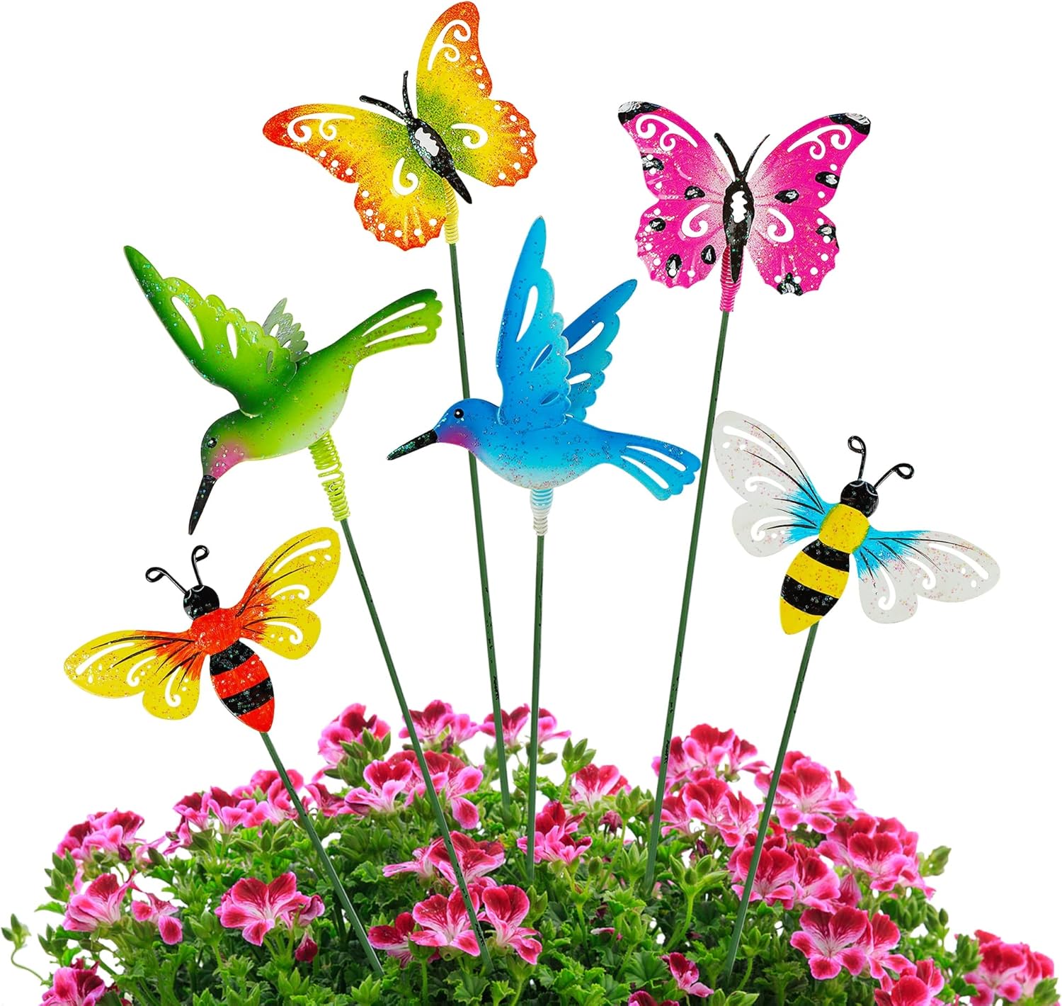 Juegoal 6 Pack Metal Yard Stakes Spring Decor, 15 Inch Outdoor Metal Colorful Butterfly Hummingbird & Bee Shaking Head Yard Art, Rust Proof Metal Plant Sticks for Yard Lawn Pathway Patio Ornaments : Patio, Lawn & Garden