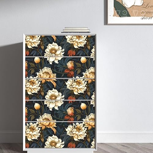 Miniatura 7 de Papel tapiz floral negro para despegar y pegar, papel tapiz de hojas para pegar y pelar, papel adhesivo colorido para gabinetes, papel de pared