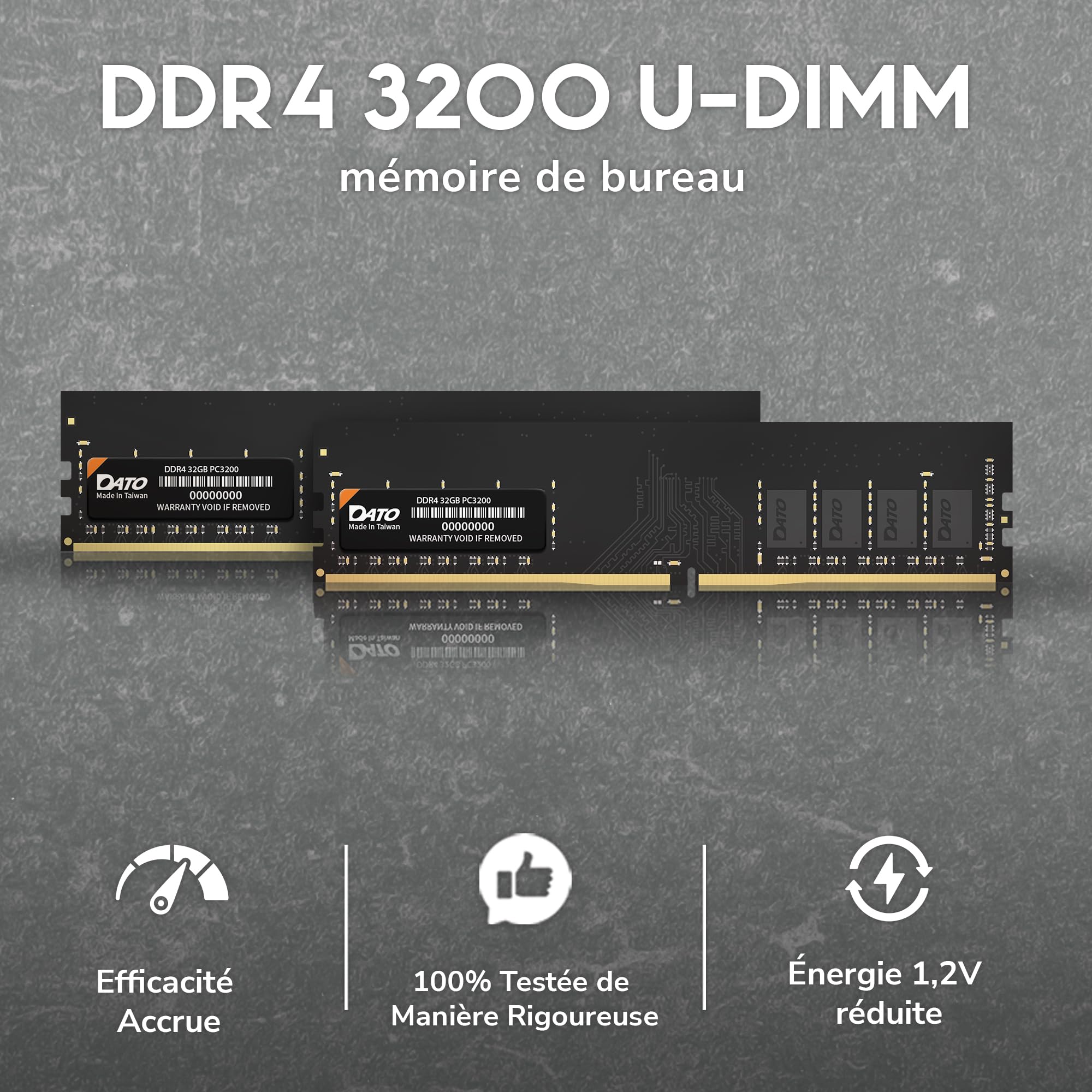 DATO 16Go DDR4 3200MHz PC4-25600 Non-ECC 1.2V CL22 288 Broches UDIMM pour Ordinateur de Bureau Module de mémoire Mise à Niveau