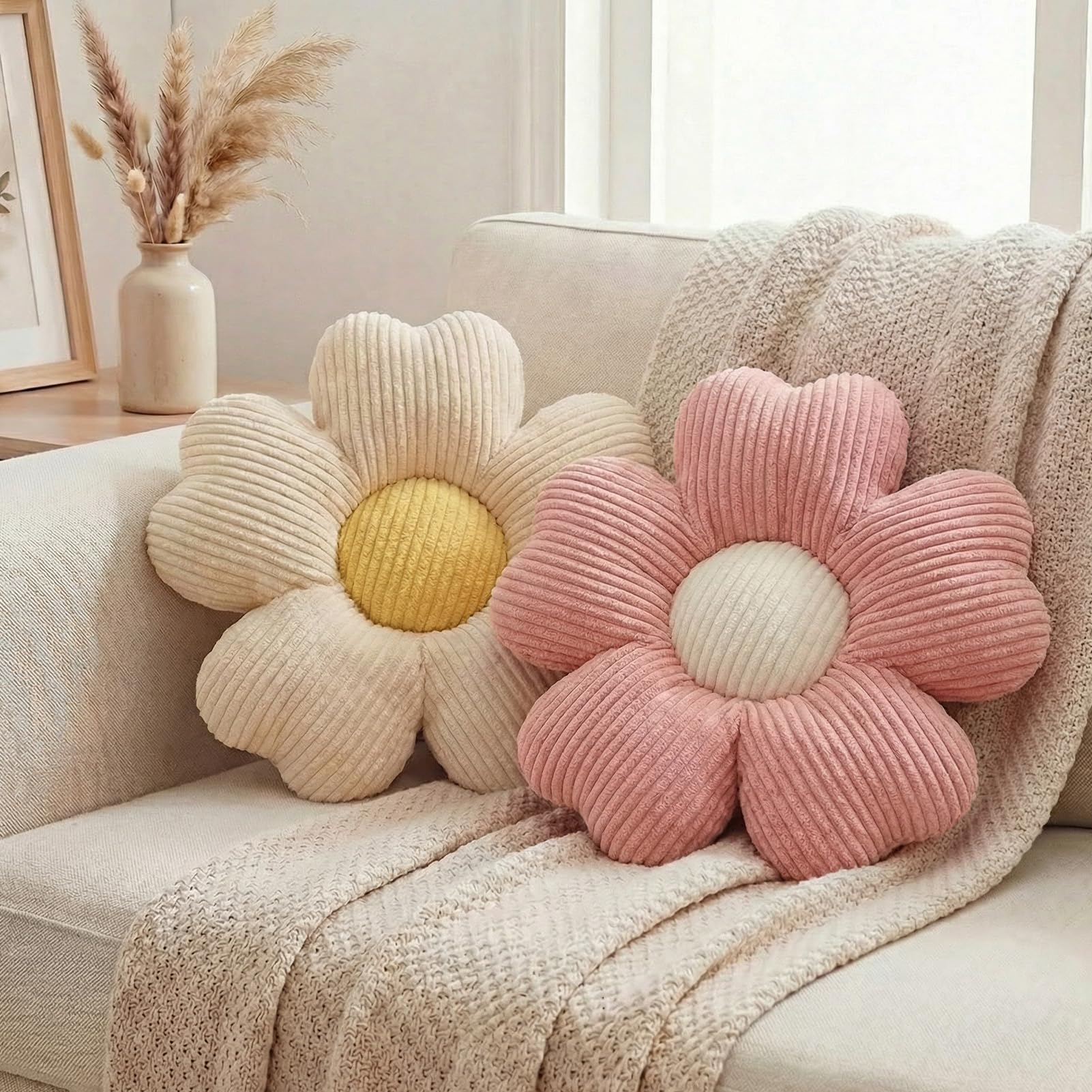 HonorHut Cute Cherry Flower Cushion Pack of 2 Pink & White Decorative Throw Pillows for Sofa Couch Home