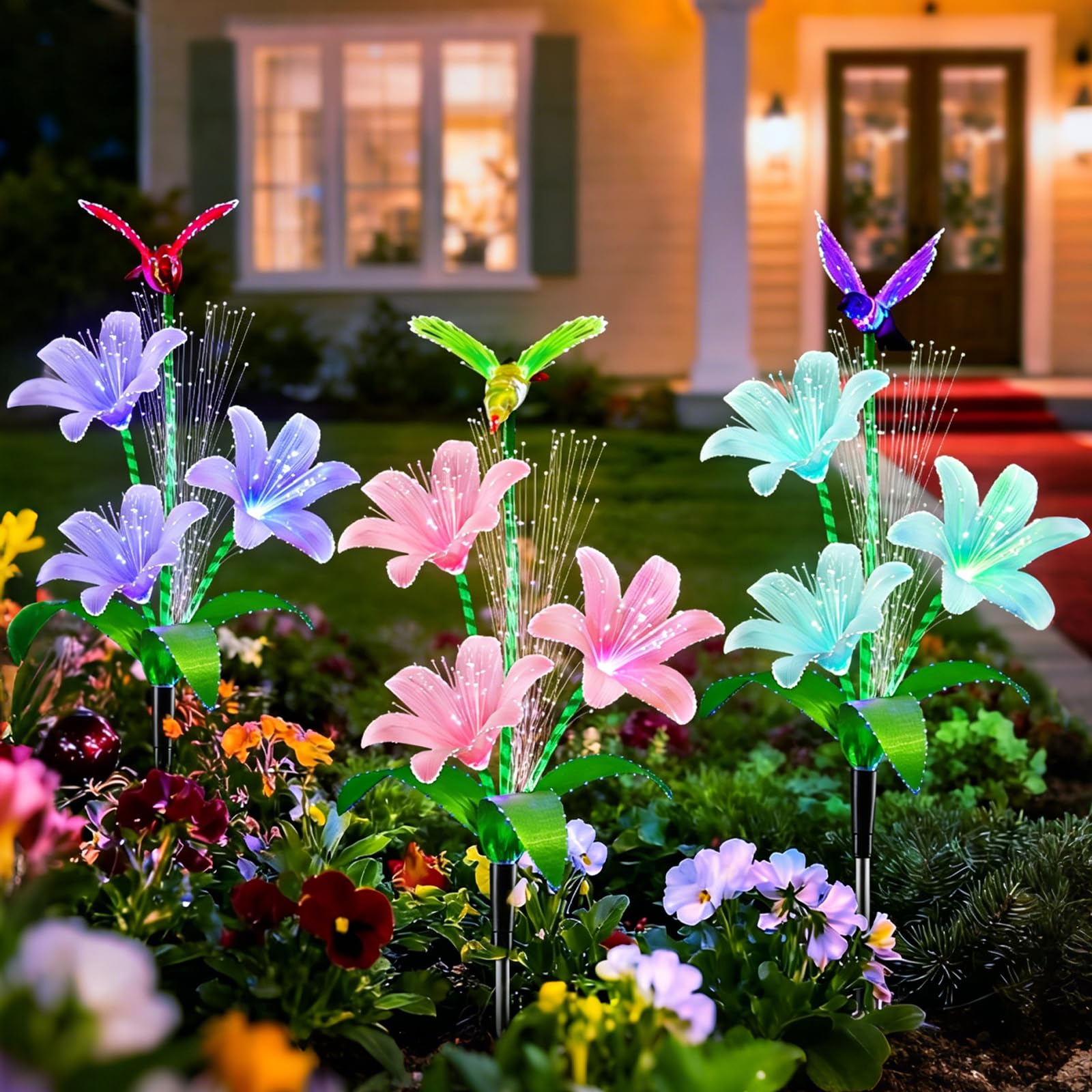 Solarlampen für Außen Garten, 3 Stück Lilien Solarleuchten für Außen, LED Lilie Blumen Solar Gartenleuchten mit 7 Farbwechseln, IP65 Wasserdicht Lilien Solar Gartenstecker für Rasen Hof Weg (B)