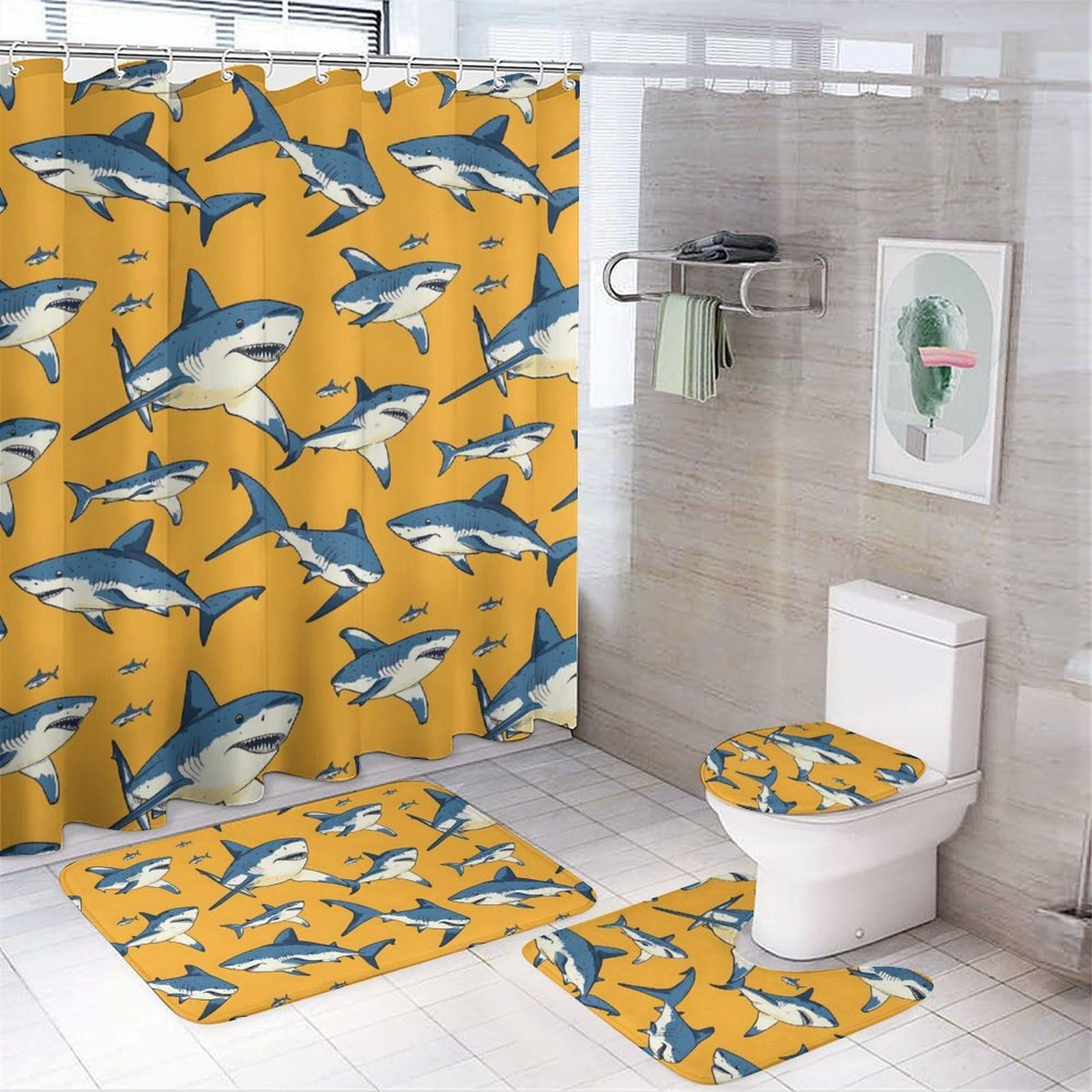 Juego de baño de 4 piezas con cortina de tiburón azul, alfombra en U y tapa de inodoro con ganchos
