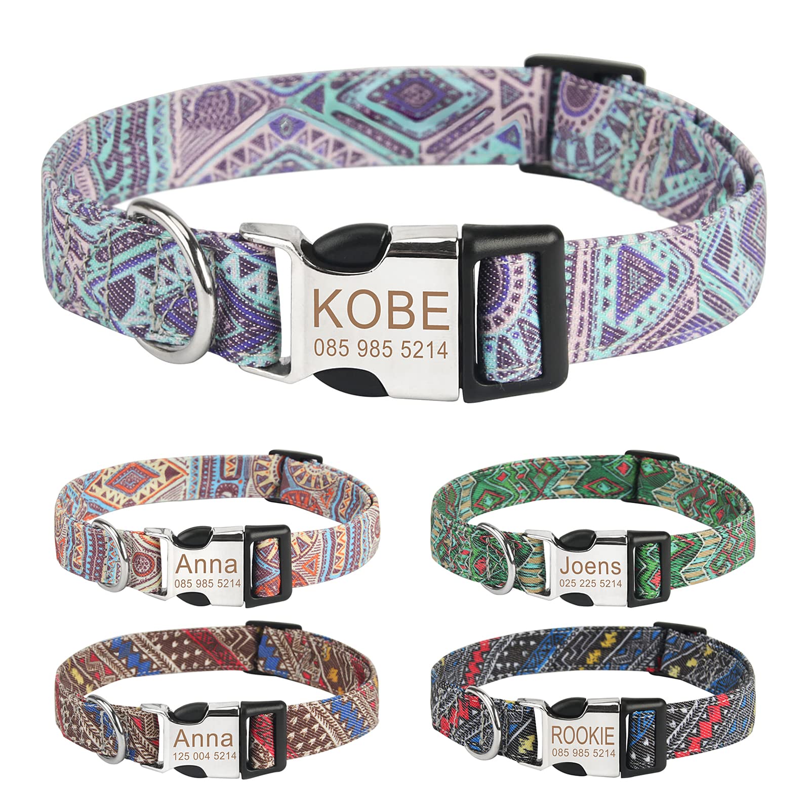 Personalised Dog Collars and Lead Set, Free Engraved Name and Phone Number Dog Collars, Adjustable Retro Nylon Puppy Collar with D-Ring and Metal Buckle for Small Medium Large Dogs(M,Purple)