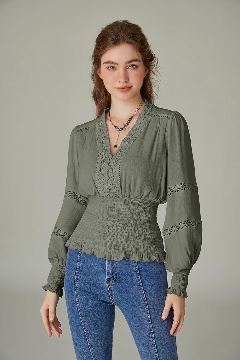 SCARLET DARKNESS Renaissance Shirt Women Boho Long Sleeve V Neck Smocked Peasant Tops - Image 2