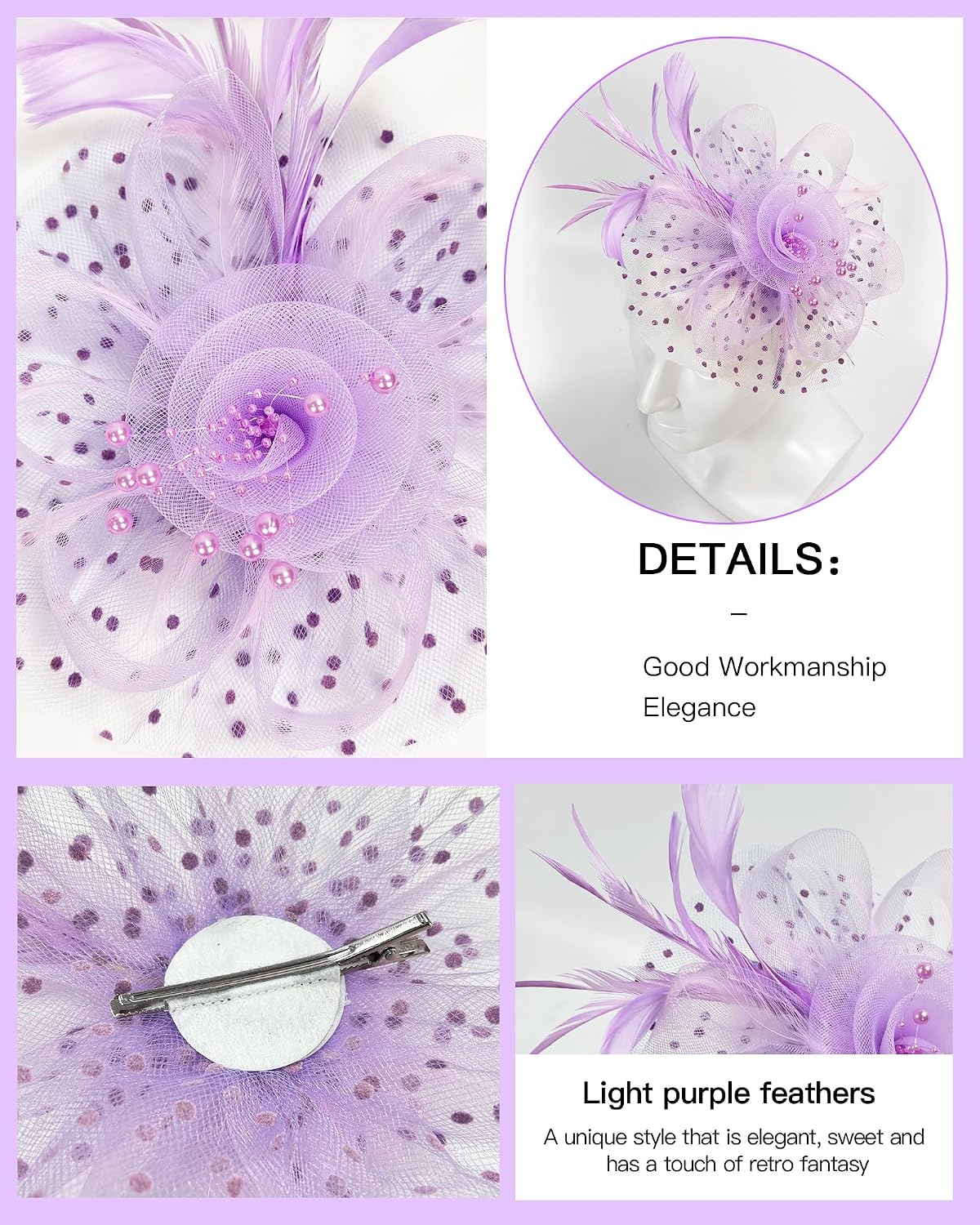 5 Pack Fascinators Hat for Women Tea Party Veil Mesh Headband Feather Hat Lace Gloves Pearl Jewelry Set for 1920s Party