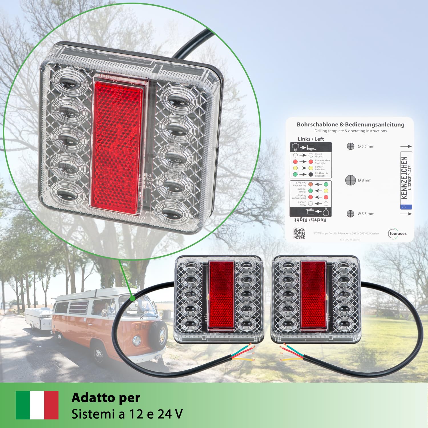 fouraces fanali posteriori a LED per rimorchio - 2 set, con schema elettrico e illuminazione targa, fanale posteriore, trattore, carrello, luce, lampade per auto