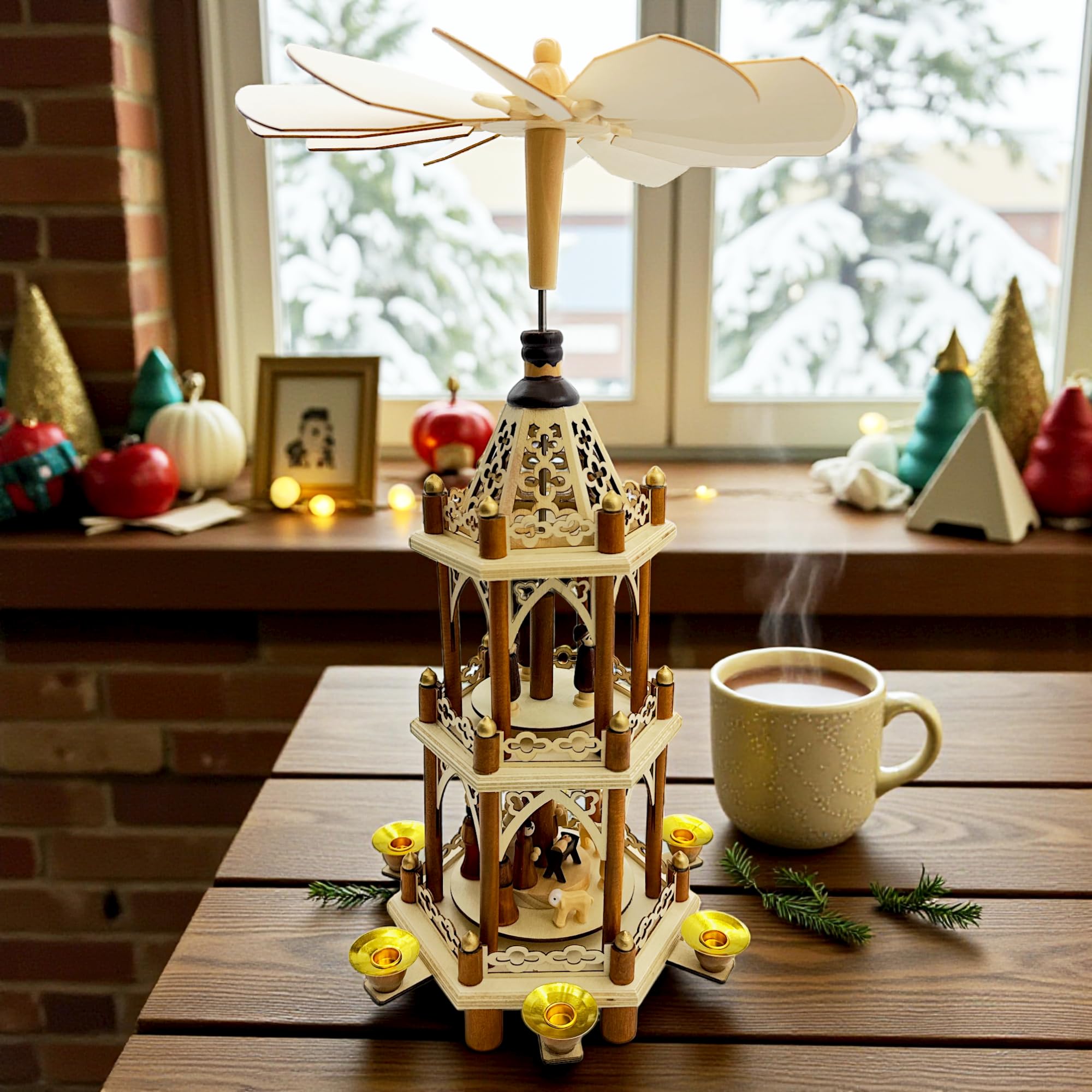 Wichtelstube-Kollektion Weihnachtspyramide Christi Geburt 3 Etagen Original 6 Pyramidenkerzen hochwertig Weihnachtsdeko Holz sehr leichtgängig Höhe 43cm