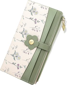 Farcauo Long Floral Womens Wallet Cute Wallets for Women Green Womens Wallet Kawaii Flower Card Wallets for Women Ladies