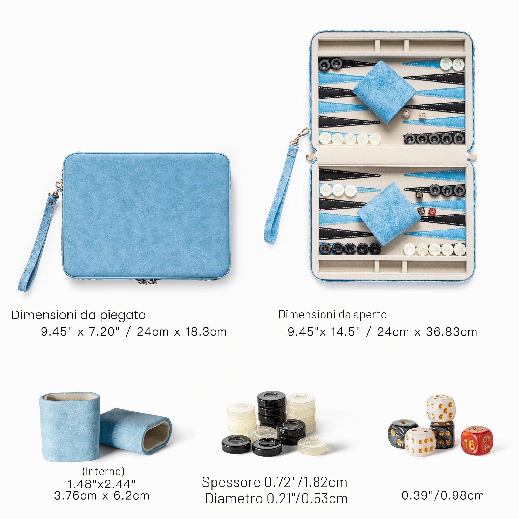 Set di backgammon per adulti e bambini, classica tavola da backgammon con dadi a dama, custodia pieghevole in ecopelle per backgammon, set da gioco portatile da viaggio (blu)