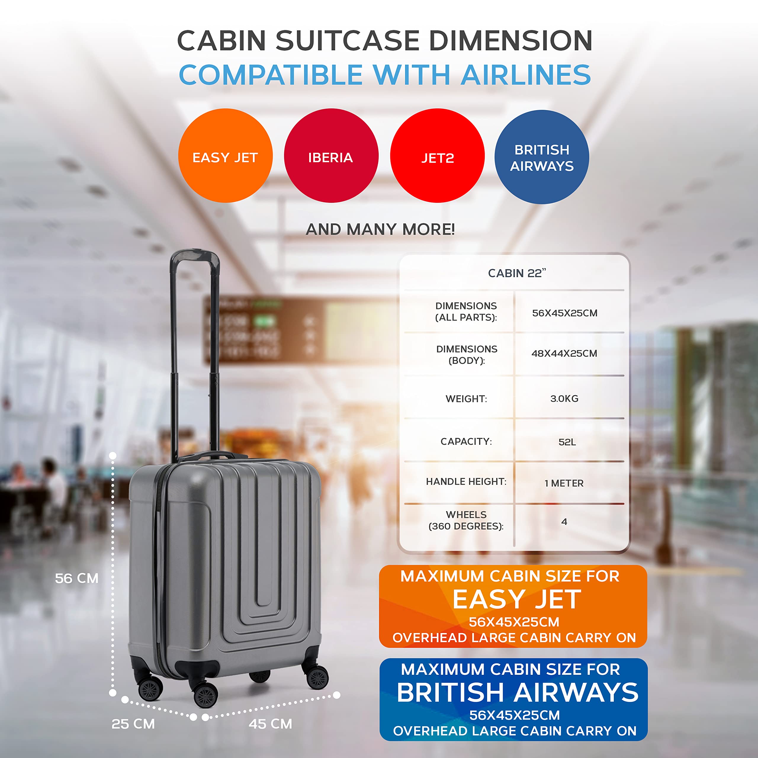 Flight Knight Premium Set of 2 Lightweight Cabin Suitcase - 8 Spinner Wheels - Built-in TSA Lock & USB Port - Luggage Approved for easyJet Flexi Fare Overhead Carry On - 56x45x25cm